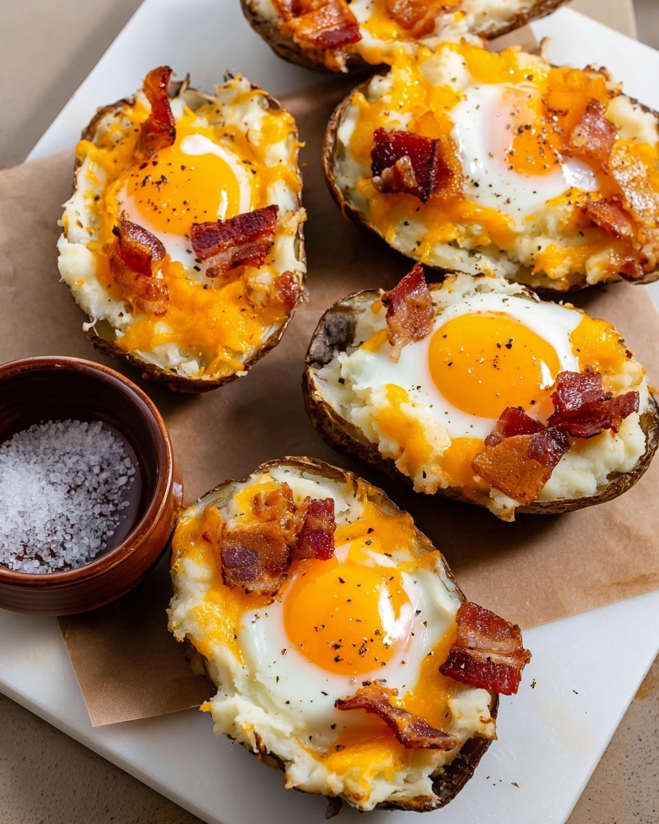 The image shows three baked potato skins filled with layers. The first layer is a brown crispy potato skin, inside is a thick layer of creamy mashed potatoes with a slightly lumpy texture. On top of the mashed potatoes, there are small pieces of crispy bacon with a reddish-brown color, and shredded yellow cheddar cheese scattered unevenly. At the center of each potato skin, there is a sunny-side-up egg with a bright orange yolk and white edges, sprinkled with ground black pepper. The dish is placed on a wooden board with a piece of brown parchment paper underneath, on a white marbled surface. Photo taken with an iphone --ar 4:5 --v 7