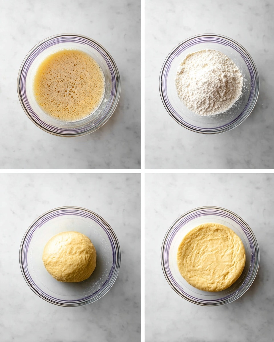 The series of four images shows the process of dough rising in a clear glass bowl with purple lines, placed on a white marbled surface. The first image shows the liquid mixture with a light brown, bubbly surface. The second image shows the same bowl with white flour added on top of the liquid mix. The third image shows the mixture turned into a smooth, yellowish dough ball resting in the bowl. The fourth image shows the dough risen, filling up the bowl with a spongy texture and pale yellow color. Photo taken with an iphone --ar 4:5 --v 7