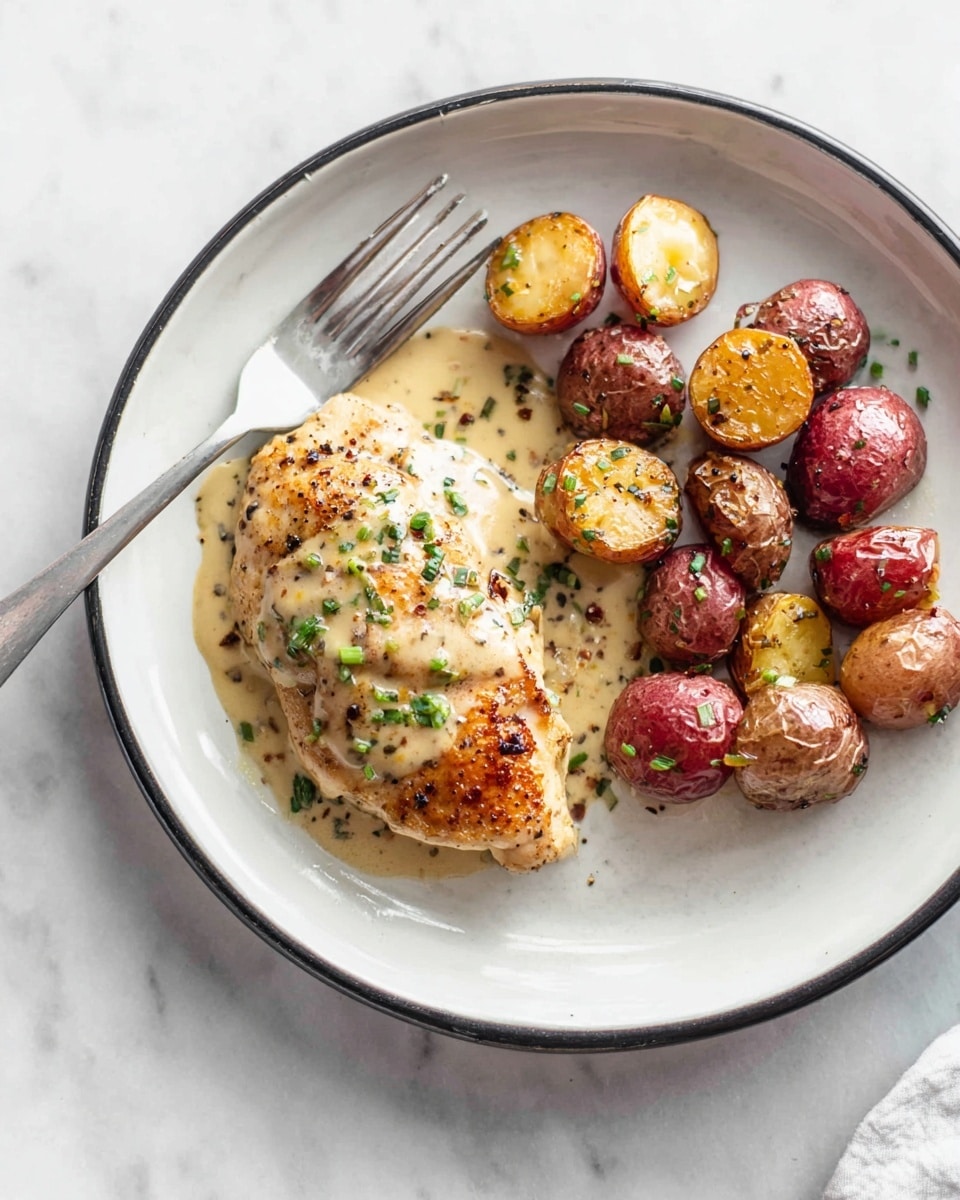 A white plate with a black rim holds a single golden-brown chicken piece on the left side, covered with a creamy mustard sauce that has specks of black pepper and green herbs scattered on top. To the right of the chicken, there are several small roasted potatoes in shades of golden brown, red, and light brown, each coated with the same creamy sauce. A silver fork rests diagonally on the plate from the bottom left corner toward the middle. The plate is placed on a white marbled surface. Photo taken with an iphone --ar 4:5 --v 7