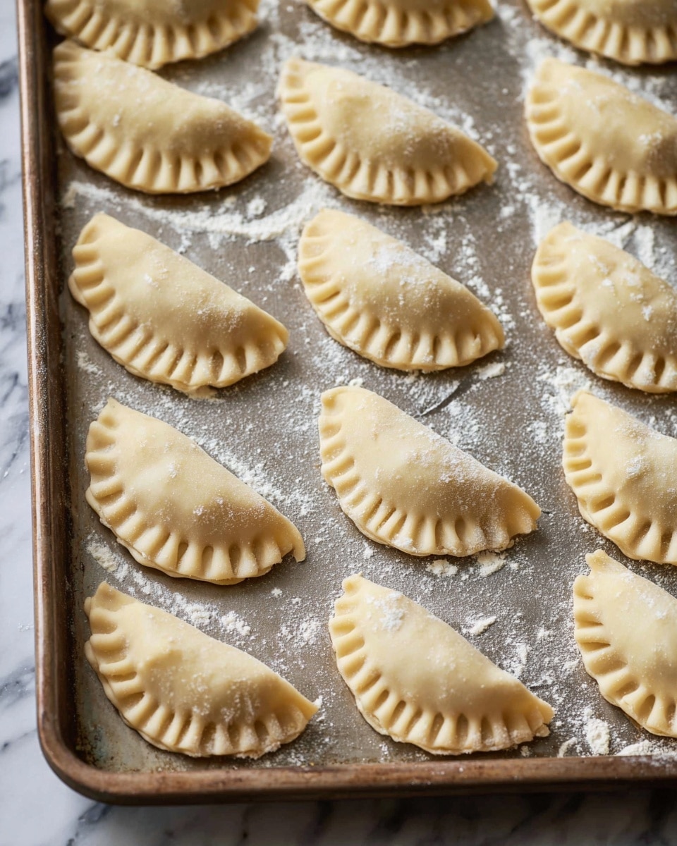 A baking sheet filled with 16 small, half-moon shaped dumplings arranged in neat rows. Each dumpling has a light beige dough with a slightly rough texture and crimped edges that create a wavy pattern all around. The dumplings rest on a dusting of white flour spread evenly across the metal baking sheet, which shows some wear and a dull silver color. The background below the baking sheet is a white marbled surface, adding a soft, elegant contrast. Photo taken with an iphone --ar 4:5 --v 7