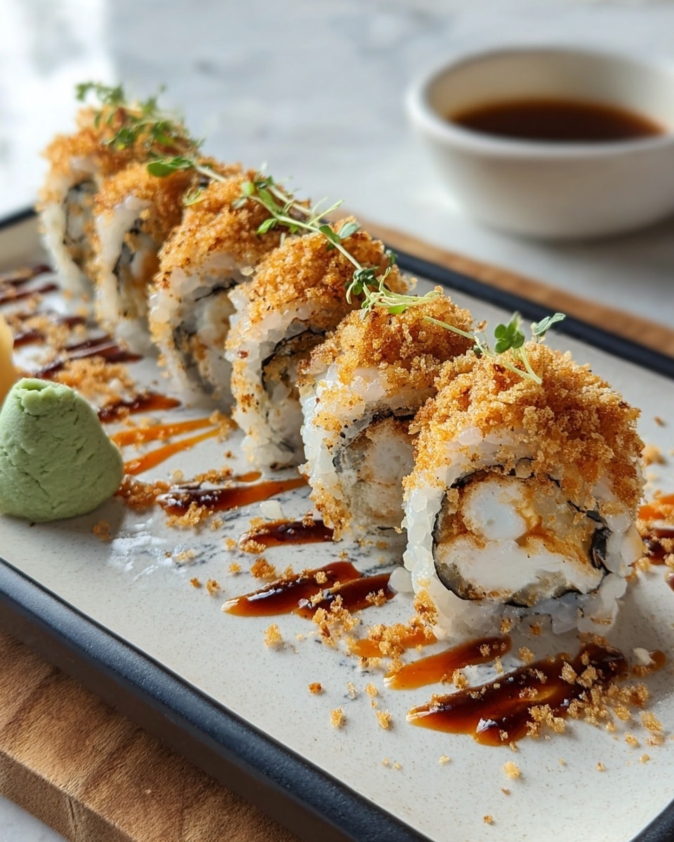 A sushi roll is shown with eight pieces arranged in a row on a white rectangular plate. Each piece has a layer of white rice on the outside, sprinkled with golden-brown crunchy crumbs. Inside, there are visible fillings including white and beige pieces, likely seafood. The top of the roll is drizzled with light orange and dark brown sauces, with a few small green herb sprigs placed as garnish. To the left on the plate is a small green mound of wasabi. In the background to the right is a small white bowl with a brown dipping sauce. The setting is on a white marbled surface. photo taken with an iphone --ar 4:5 --v 7