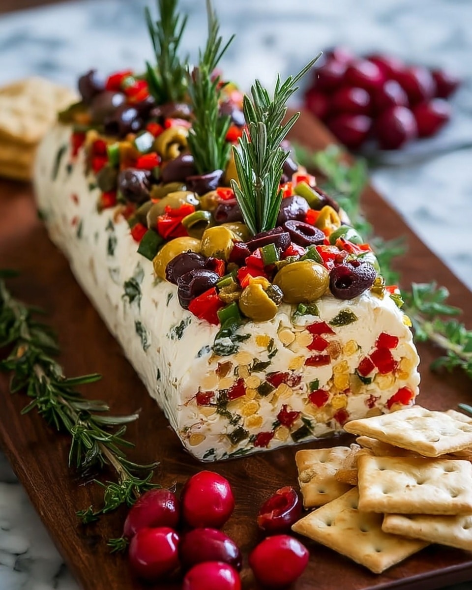 A block of creamy white cheese log covered in mixed chopped vegetables and whole olives, layered with red diced peppers, green olives, dark purple olives, and green herbs all around the smooth white cheese base. The cheese log is topped with two sprigs of fresh rosemary placed in the middle on top, and it sits on a dark wooden board. Around the cheese log, there are square saltine crackers placed to the right side, and some red cherries and green herb sprigs are scattered around the board. The background has a blurred effect with a white marbled texture visible underneath the wooden board. Photo taken with an iphone --ar 4:5 --v 7