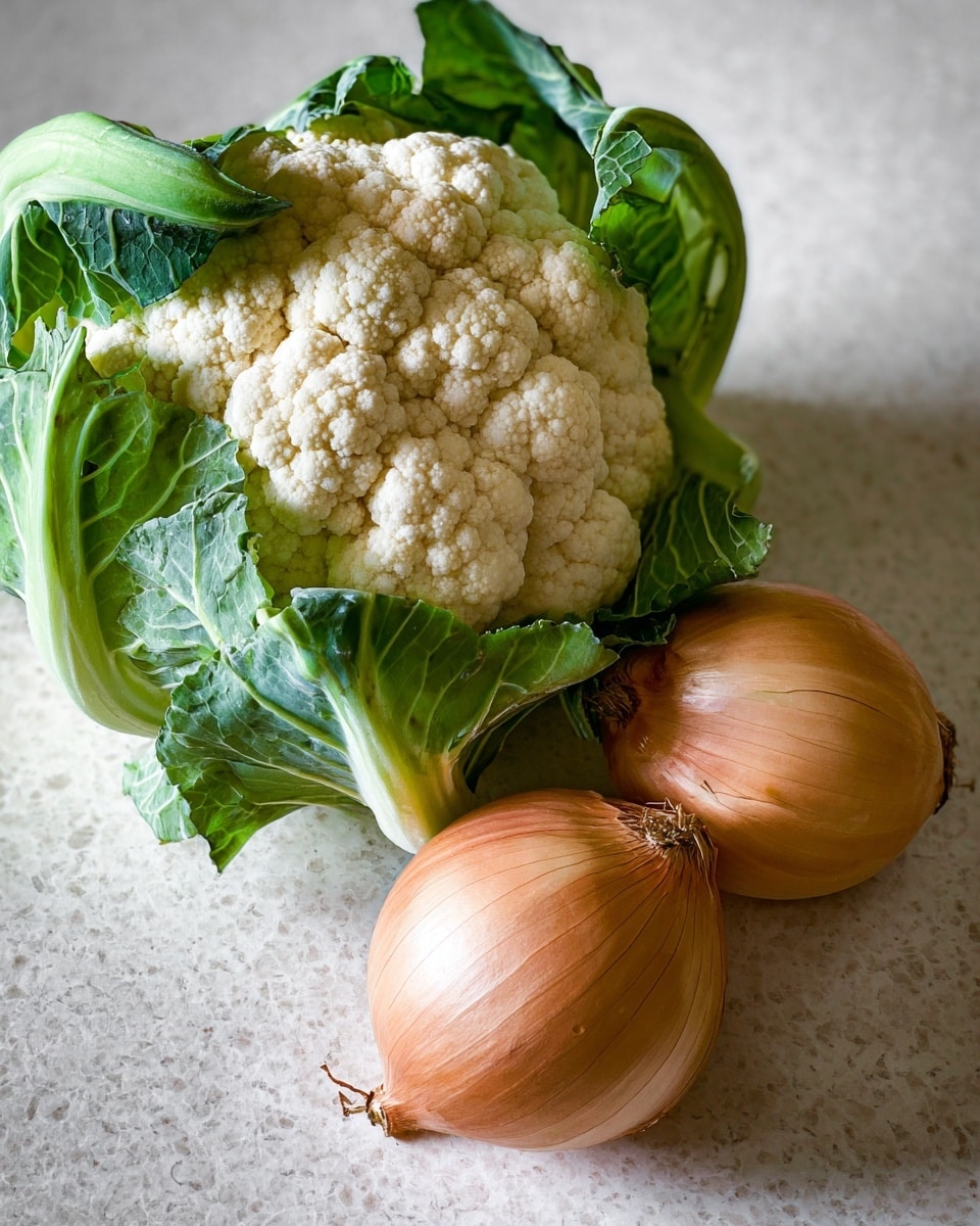 A whole cauliflower with green leaves wrapped around its white, bumpy head sits on a white marbled surface, placed slightly to the left side of the image. Two light brown onions with smooth, shiny skins lie close together near the bottom right, partially overlapping each other and resting at different angles. The natural textures of the cauliflower clusters and the smooth onion skins contrast with the subtle patterns on the white marbled surface. The lighting highlights their fresh and natural look, creating soft shadows beneath the vegetables. photo taken with an iphone --ar 4:5 --v 7