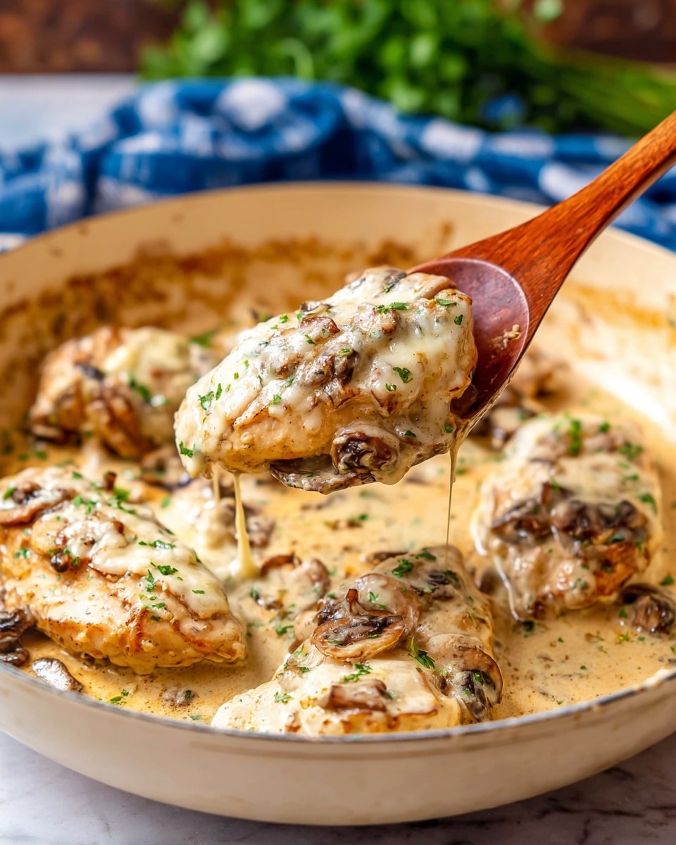 A wooden spoon holds a saucy chicken piece covered with melted white cheese with green herb bits on top, dripping creamy light beige sauce with small browned mushroom slices, with several similar chicken pieces in creamy sauce filling the inside of a white pan on a white marbled surface, blurred green herbs in the background, and a blurry blue-checkered cloth beyond. photo taken with an iphone --ar 4:5 --v 7