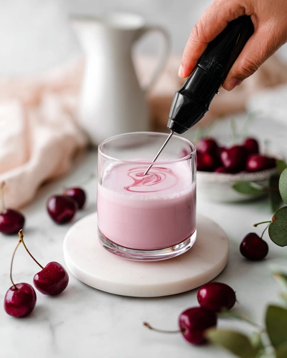 A clear glass filled halfway with smooth light pink liquid is placed on a small white round coaster, which sits on a larger white marble round board. Surrounding the glass are several shiny dark red cherries with stems, scattered on the white marbled surface. A woman's hand holds a black electric milk frother, mixing the pink liquid inside the glass, creating gentle swirls. In the blurred background, there is a soft white cloth and a white ceramic pitcher. On the right side, some green leaves add a touch of color. photo taken with an iphone --ar 4:5 --v 7