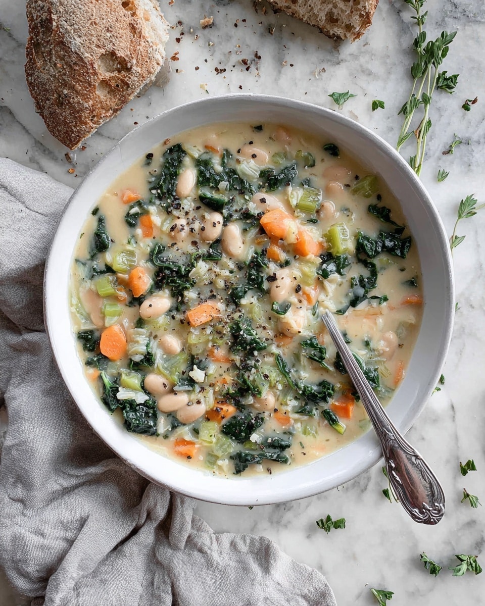 The image shows a white pot filled with creamy soup that has visible layers of mixed ingredients. The base layer is a thick light beige creamy broth. Within this creamy layer, chunks of orange carrots, small white beans, and flecks of dark green kale are spread throughout. There are bits of black wild rice, adding texture, scattered evenly across the top. The soup has small green herb leaves sprinkled over it. The pot is placed on a light cloth next to slices of brown bread on a white marbled surface. Photo taken with an iphone --ar 4:5 --v 7