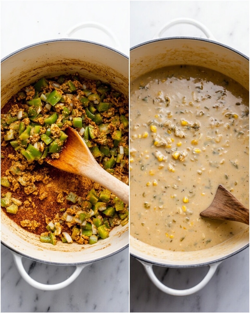 The image shows two white pots side by side on a white marbled surface. The left pot has a mix of cooked diced green bell peppers, onions, and small pieces of meat, all browned and coated with spices, with a wooden spoon resting inside. The right pot contains a thick, creamy beige soup with visible small pieces of green vegetables, corn, and bits of meat, stirred with a wooden spoon as well. Photo taken with an iphone --ar 4:5 --v 7