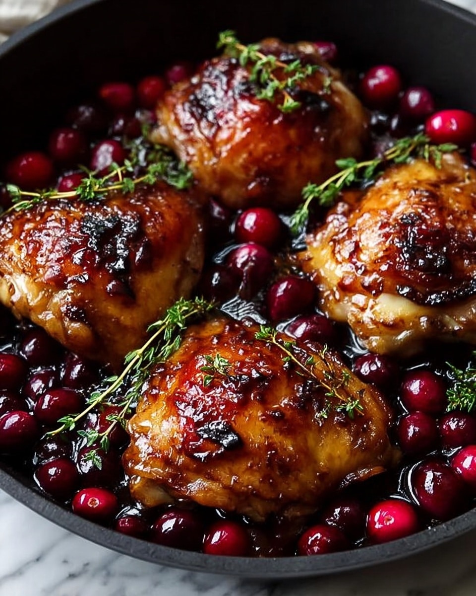 The image shows four pieces of golden-brown roasted chicken thighs arranged in a black skillet. Each chicken piece has a shiny, slightly crispy skin with a reddish glaze. Around the chicken are small, bright red cranberries scattered evenly and sprinkled fresh green thyme sprigs that add texture and color. The chicken looks juicy and well cooked, with a rich color contrast between the meat, cranberries, and herbs. The skillet sits on a white marbled surface. photo taken with an iphone --ar 4:5 --v 7
