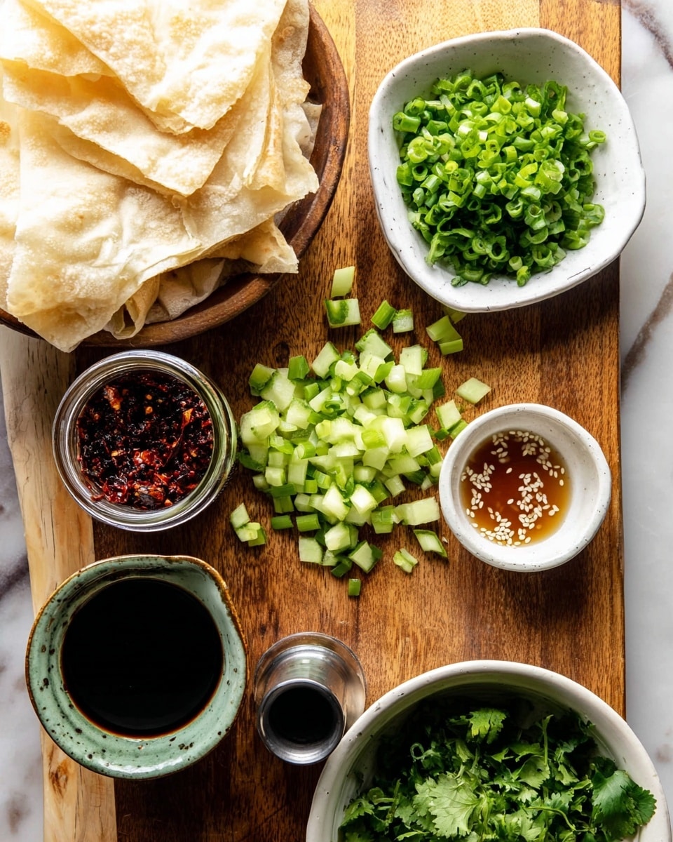The image shows a wooden board on a white marbled surface, holding several small white dishes and chopped ingredients. One white dish contains bright green chopped scallions positioned near the top center, with loose pieces scattered around. Below it, a small clear jar filled with dark red chili flakes is placed next to a small white bowl of light brown sauce with white sesame seeds floating on top. Between them is a small metallic cup of thick black soy sauce. To the left on the wooden board, there are three pieces of light beige folded flatbread stacked in a white bowl. The bottom right corner shows a partially visible green bowl filled with fresh chopped cilantro. Next to the scallions on the board, there are finely chopped cucumber pieces, adding a green contrast to the arrangement. The entire display is neat and fresh. Photo taken with an iphone --ar 4:5 --v 7