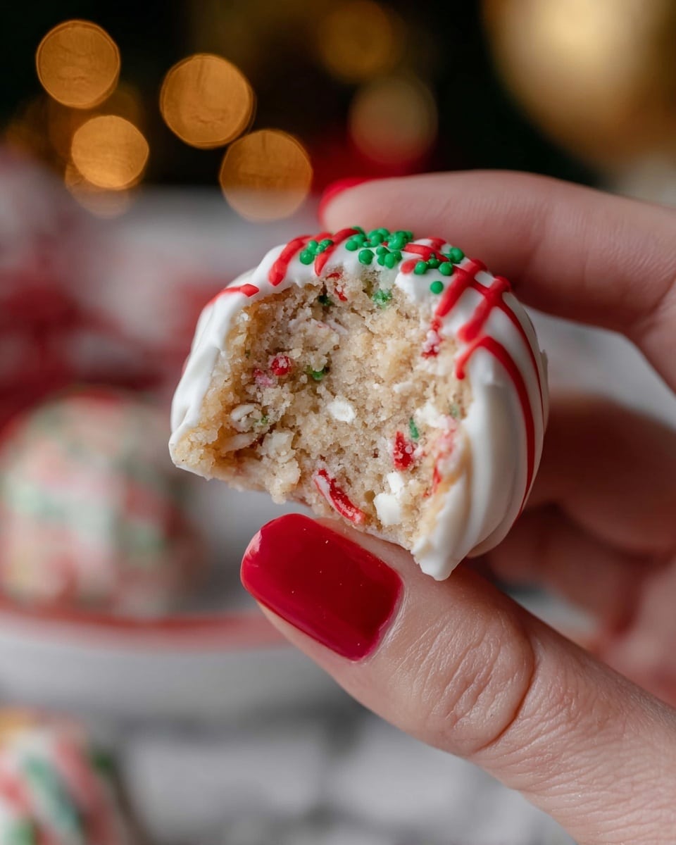 A white plate with small round treats covered in smooth white icing, each decorated with thin red icing lines draped diagonally across, and sprinkled with tiny green sugar bits scattered on top. There are about eleven treats arranged closely on the plate, which rests on a white marbled surface. Part of a white box with colorful holiday designs is visible at the lower left corner, and warm soft light adds a cozy feel. photo taken with an iphone --ar 4:5 --v 7