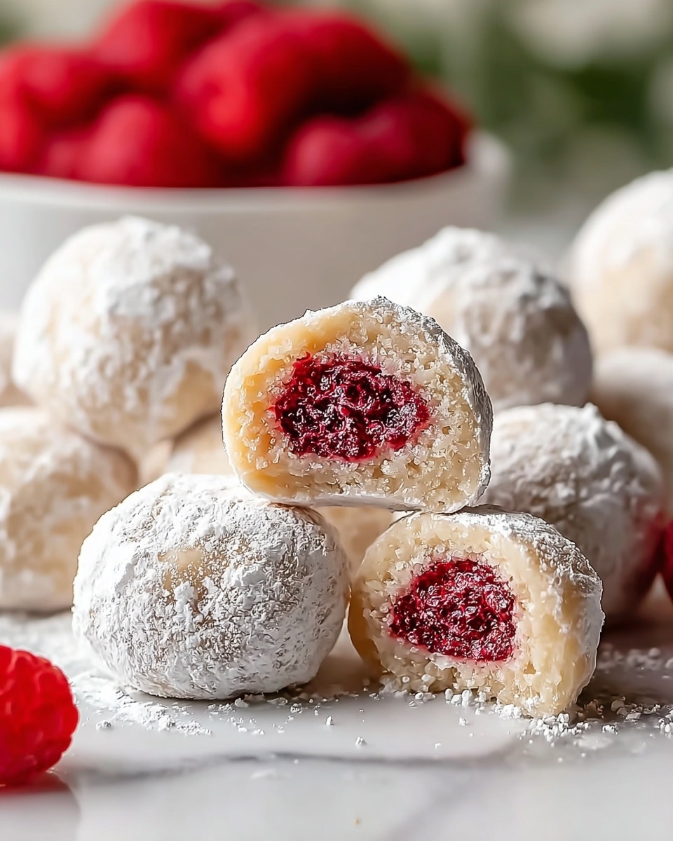 The image shows three round desserts on a white plate placed on a white marbled surface. Each dessert is covered in white powdered sugar with a rough texture. One dessert is cut open and placed on top of another, revealing a bright red, slightly shiny raspberry filling inside that looks soft and juicy. In the background, there are out-of-focus whole red raspberries and more powdered sugar-covered desserts. The colors mainly include white and red, giving a fresh and sweet feeling. photo taken with an iphone --ar 4:5 --v 7