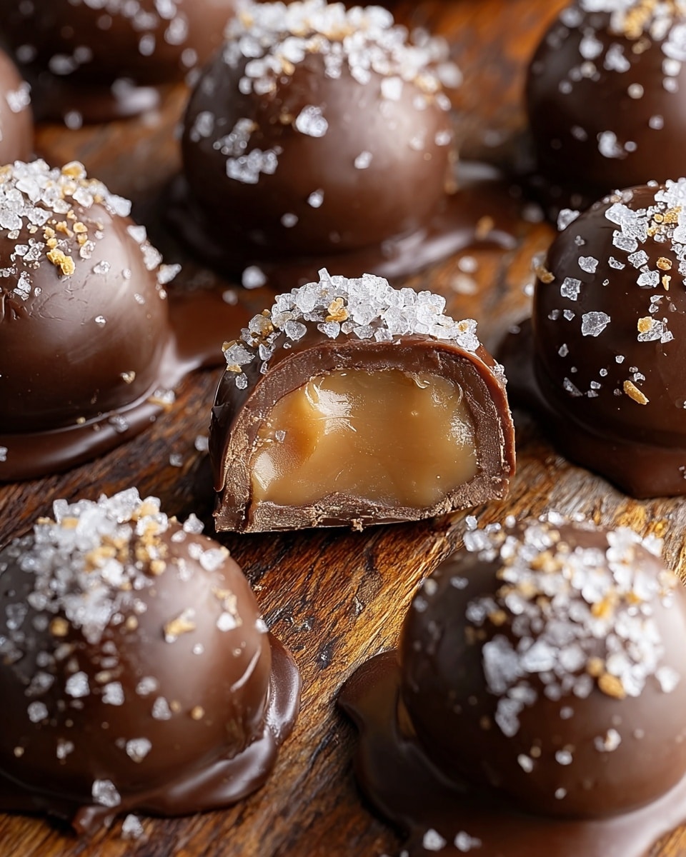The image shows several round chocolate-covered caramel balls arranged closely on a wooden surface. Each ball has a smooth, dark brown chocolate shell sprinkled with coarse white sea salt on top, adding texture and contrast. One of the balls in the foreground is cut open, revealing a thick, golden caramel layer inside, sitting on a slightly darker solid chocolate base. Some small broken pieces of chocolate and caramel are scattered around, with caramel slightly oozing out. The wooden surface has a warm, rustic feel, but the background is softly blurred, focusing attention on the shiny, rich treats. photo taken with an iphone --ar 4:5 --v 7