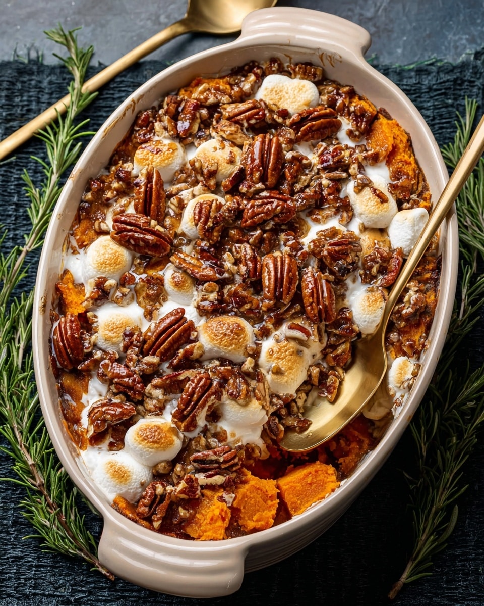 The image shows an oval black cast iron dish filled with a layered sweet potato casserole. The bottom layer is a rough orange mashed sweet potato mix with some darker bits throughout. On top of this base are scattered large white marshmallows that have soft, slightly melted edges. Over the marshmallows is a thick spread of glossy, brown toasted pecans that cover nearly the whole surface, giving a crunchy texture contrast. The dish is placed on a white marbled background. Photo taken with an iphone --ar 4:5 --v 7