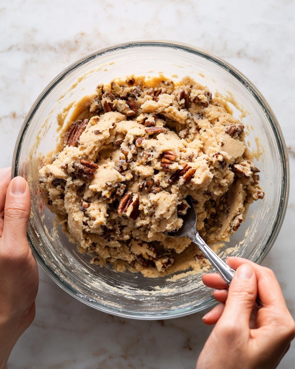 A close-up view of thick, creamy cookie dough mixed with chopped pecans inside a clear glass mixing bowl. The dough is light beige with a slightly grainy texture, while the pecans add dark brown, rough, uneven pieces spread evenly throughout. The bowl sits on a surface with a white marbled texture, and a woman's hand is using a spoon to stir the mixture, causing some dough to pull away in chunks. The image shows texture details of the dough and nuts clearly, with natural lighting highlighting the mixture's soft and chunky look photo taken with an iphone --ar 4:5 --v 7