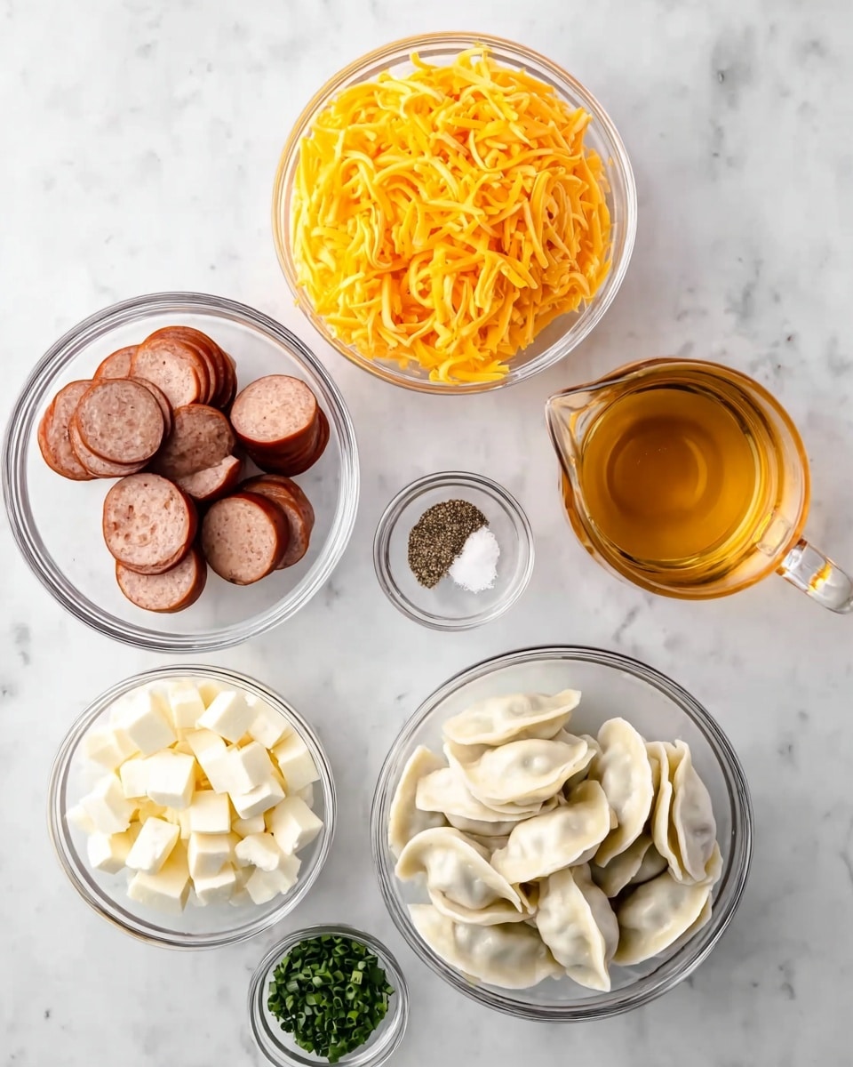 The image shows six clear glass bowls arranged on a white marbled surface. In the top middle is a bowl filled with bright orange shredded cheese. Below it, slightly to the left, is a bowl with thick slices of brown sausage. To the right of the sausage bowl is a glass pitcher filled with a light amber liquid. Near the top right corner is a tiny bowl containing salt and black pepper. In the bottom middle, a bowl holds white, half-moon shaped dumplings stacked on top of each other. To the left of the dumplings is a small bowl filled with white cubes of cheese, and a tiny bowl at the bottom with chopped green herbs. The photo was taken with an iphone --ar 4:5 --v 7