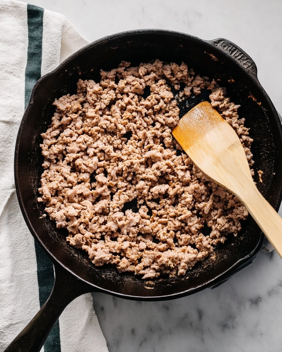 A black cast iron pan is filled with cooked ground meat that is light brown in color and slightly crispy in texture, spread evenly with some small gaps showing the pan's surface underneath. A light wooden spatula rests inside the pan on the right side, partially mixed into the meat. The pan sits on a white marbled surface with a white cloth with dark green stripes partially visible on the left. The lighting is bright and natural. photo taken with an iphone --ar 4:5 --v 7