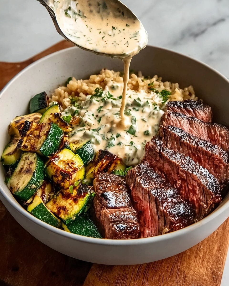 A gray bowl filled with three main layers: on the left, dark brown grilled steak slices with a pink middle and a charred edge; in the center, a creamy white sauce with green herbs being poured from a spoon, spreading over the steak and rice below; on the right, round grilled zucchini slices that are green with brown grill marks and some seasoning. The bowl sits on a white marbled surface. Photo taken with an iphone --ar 4:5 --v 7