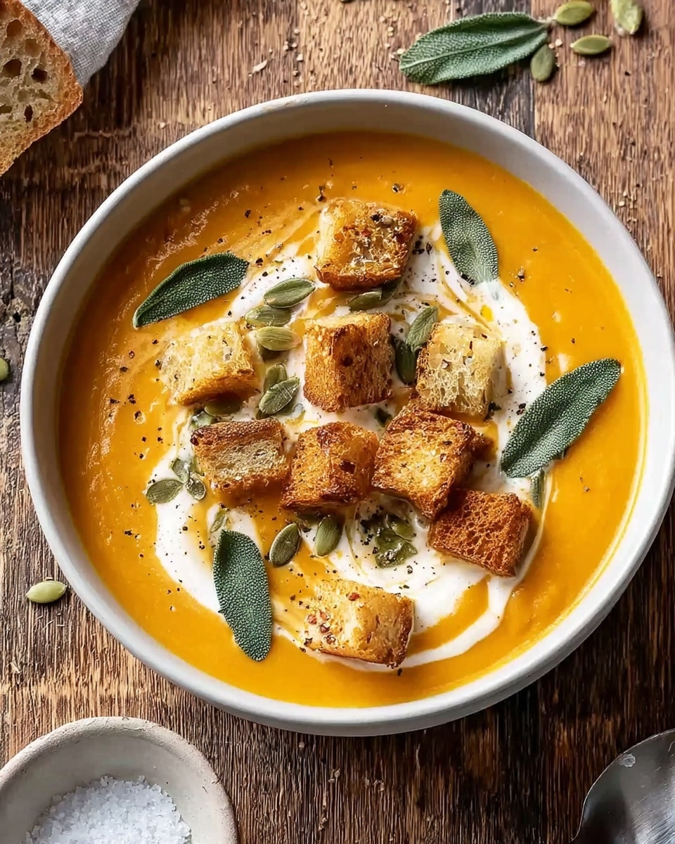 A white bowl filled with smooth orange soup as the base layer, topped with a swirl of white cream that spreads unevenly on the surface. On top are several golden-brown croutons with a rough texture, scattered around along with several green sage leaves placed carefully. A few scattered pumpkin seeds add a small, shiny texture, and a light sprinkle of black pepper is visible on the cream and soup. The bowl sits on a rustic wooden surface with a small round white salt bowl nearby, and part of a spoon is visible at the bottom right. photo taken with an iphone --ar 4:5 --v 7