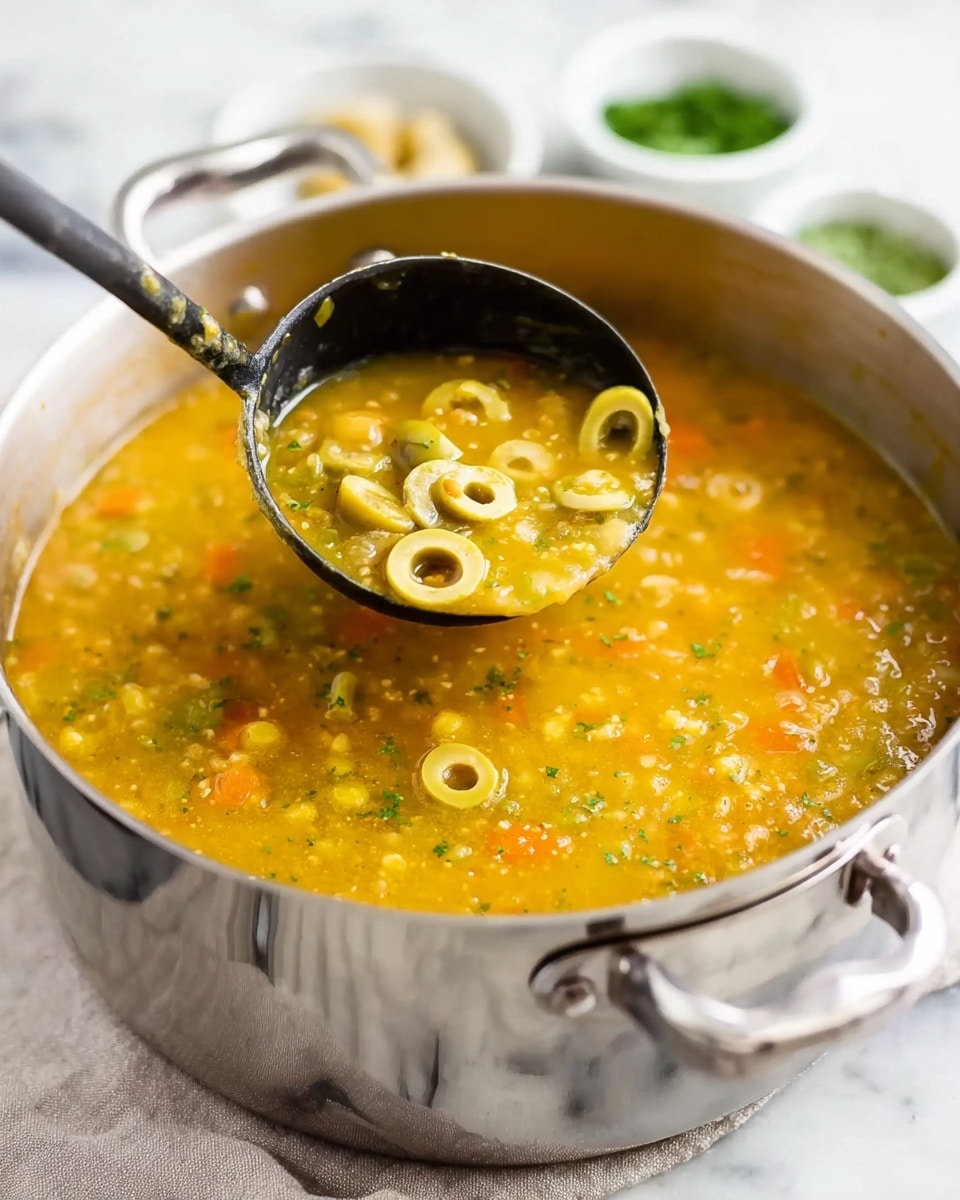 A large silver pot filled with thick, yellow-orange soup with small bits of vegetables and herbs. The soup has visible green flecks and sliced green olives floating on top. A black ladle holds a scoop of the soup above the pot, showing the chunky texture and round olive slices clearly. The pot sits on a white marbled surface with a light gray cloth underneath. In the blurred background, there are small white bowls with herbs and more olives. Photo taken with an iphone --ar 4:5 --v 7