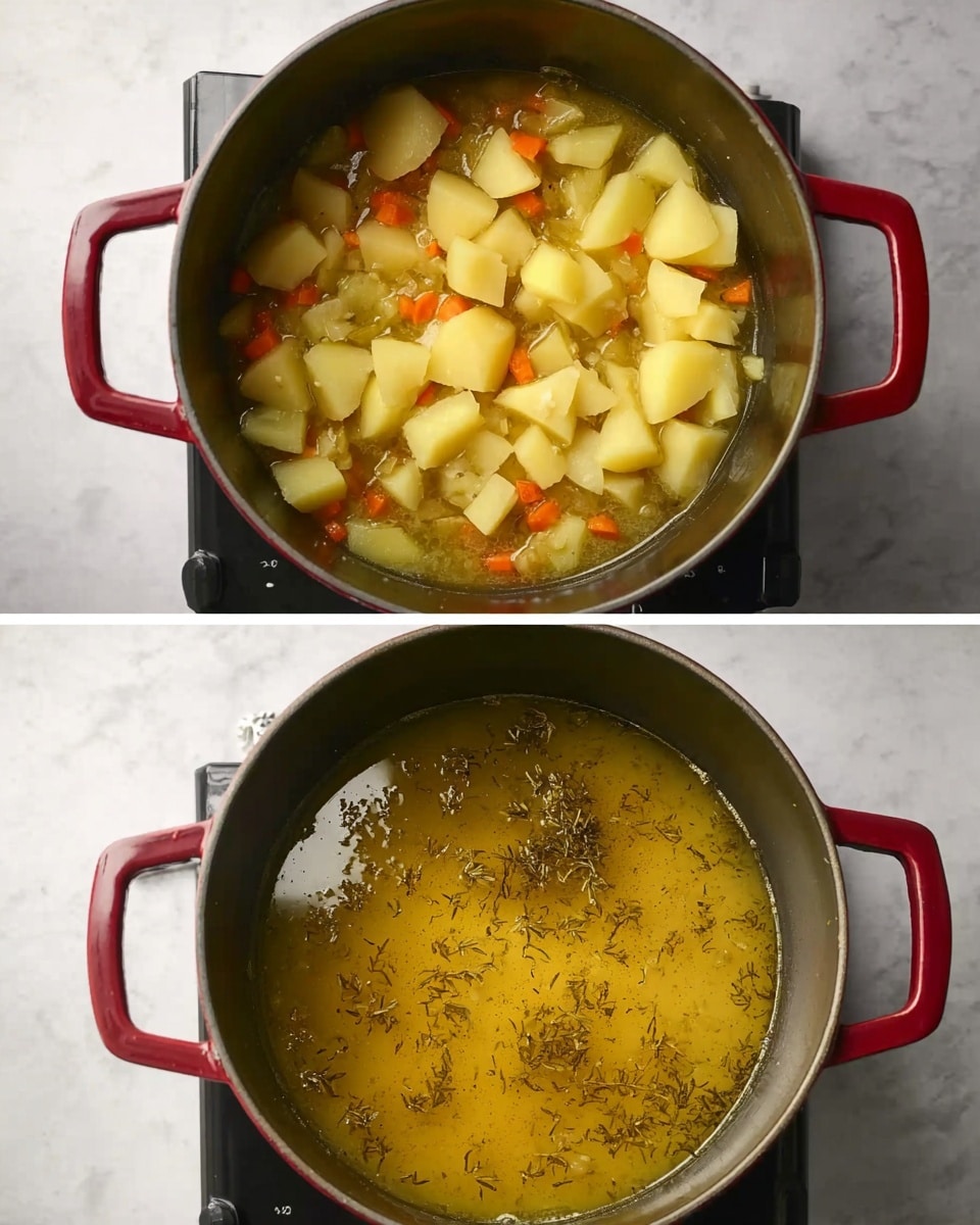 A large dark gray pot with red handles sits on a stove surface with a white marbled texture. The first layer in the pot shows large, light yellow chunks of potatoes on top of a mix of small chopped vegetables with colors like orange and pale green at the bottom. The second image shows the same pot filled with a golden yellow broth that covers the potato chunks, speckled with dried herbs floating on the surface. The light in the pot reflects softly on the broth, creating a slight shine. photo taken with an iphone --ar 4:5 --v 7