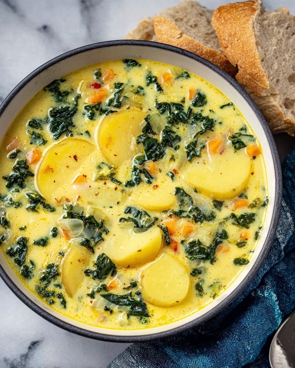 A white bowl filled with creamy yellow soup that has several layers of ingredients visible, including light yellow potato slices scattered throughout, dark green leafy kale pieces, and small bits of orange and white vegetables evenly mixed in the thick broth. The soup has a smooth, slightly chunky texture and looks warm and comforting. Next to the bowl are pieces of light brown bread resting on a white marbled surface, with a blue and white cloth partially underneath the bowl. The photo was taken with an iphone --ar 4:5 --v 7