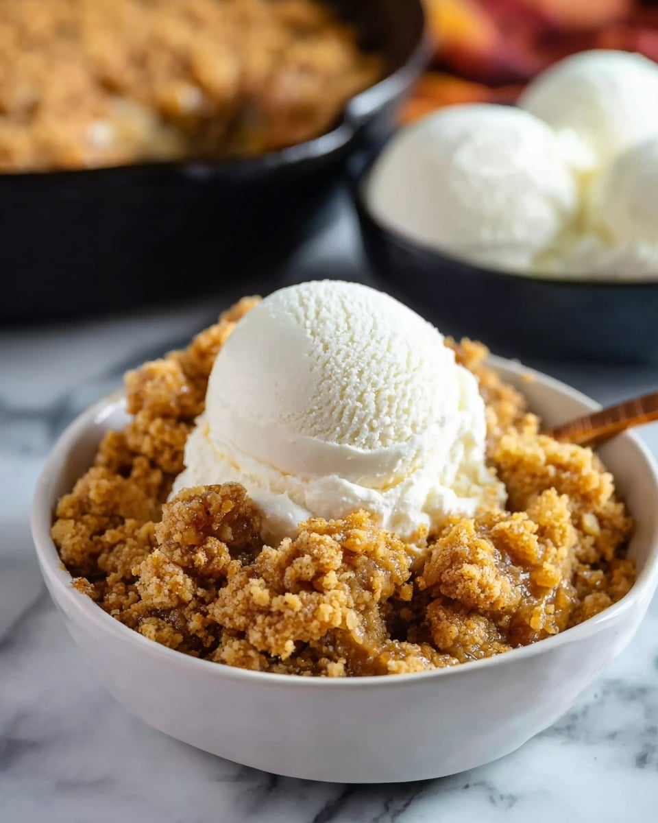 A white bowl filled with two layers: the bottom layer is a crumbly golden-brown dessert with a rough texture, and the top layer is a smooth, white scoop of ice cream placed right in the center. In the background, there's a blurry view of a black dish with more of the crumbly dessert topped with white scoops of ice cream, all set on a white marbled surface. photo taken with an iphone --ar 4:5 --v 7