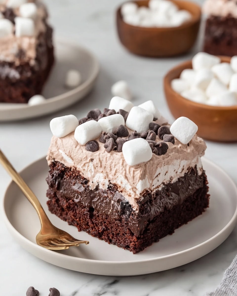 The image shows a square piece of chocolate cake with three visible layers on a white plate placed on a white marbled surface. The bottom layer is a dark brown, moist chocolate cake. The middle layer is a thick, dark chocolaty filling with a shiny texture that looks creamy. The top layer is light brown, whipped cream frosting with a smooth, slightly ridged surface. On top of the frosting, there are several small white marshmallows and a handful of tiny dark brown chocolate chips scattered evenly. A gold spoon is visible at the bottom left corner of the plate. In the background, a white plate with another piece of the cake and wooden bowls filled with marshmallows and chocolate chips can be seen slightly out of focus. Photo taken with an iphone --ar 4:5 --v 7