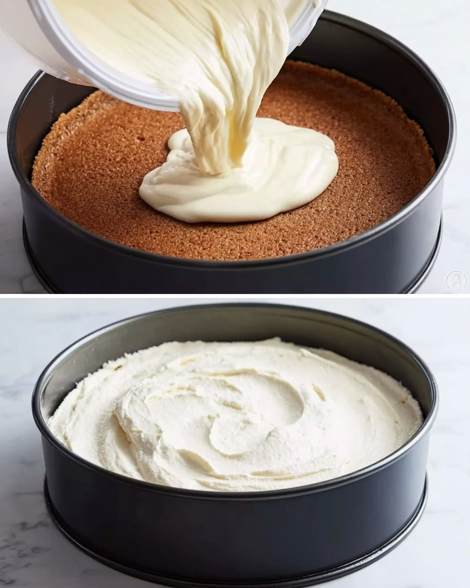 The image shows two close-up views of a dessert being made in a round black pan placed on a white marbled surface. In the first view, a thick, creamy white batter is being poured from a white bowl into the pan, layering over a smooth, even brown crust that covers the bottom completely. In the second view, the pan is filled with the same white creamy batter, spread evenly to cover the entire crust underneath. photo taken with an iphone --ar 4:5 --v 7