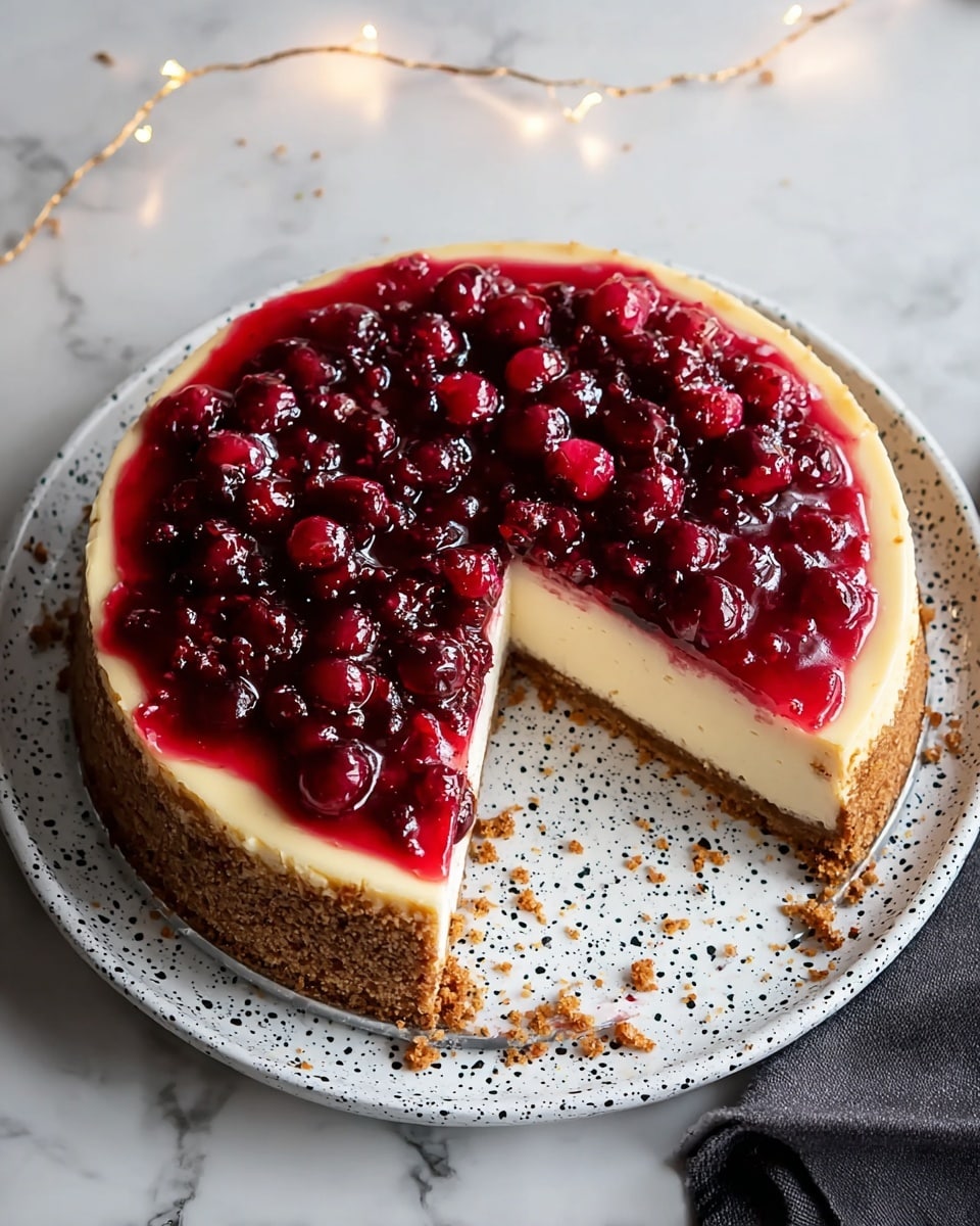 The image shows a round cheesecake with three visible layers on a white plate with black speckles, placed on a white marbled surface. The bottom layer is a thick, crumbly brown crust, surrounding the whole base and edges. The middle layer is creamy and pale yellow, smooth and even. The top layer is a glossy, deep red berry sauce with many whole and crushed berries, covering the cheesecake evenly. A slice is removed from the cheesecake, showing the clean, clear layers inside. Some crumbs are scattered on the plate near the empty slice area. Warm fairy lights and a dark cloth are in the background. Photo taken with an iphone --ar 4:5 --v 7
