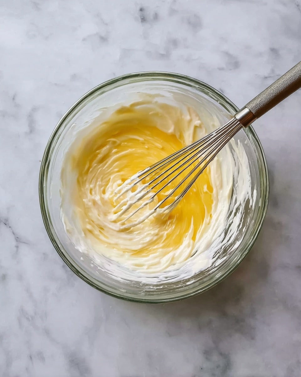The image shows a clear glass bowl with a mixture in progress placed on a white marbled surface. In the first part, there is a layer of small light yellow chunks at the bottom, with a woman's hand pouring a white liquid from a clear measuring cup, adding a smooth, creamy layer on top. The second part shows the same bowl where the mixture is now blended into a thick, smooth, light yellow batter with soft swirling patterns on the surface created by the electric mixer that a woman's hand is holding. Photo taken with an iphone --ar 4:5 --v 7