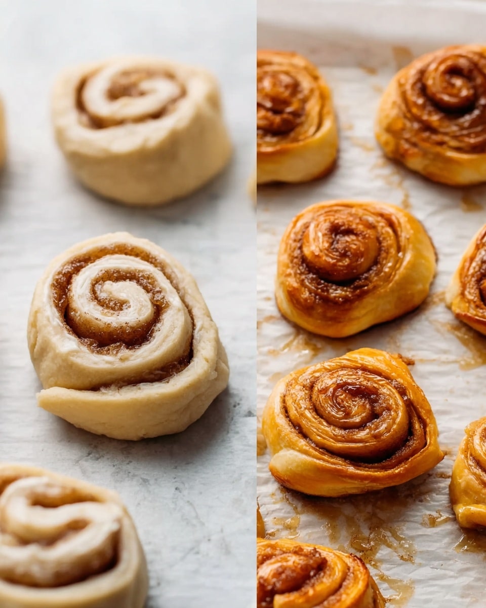 The image shows two stages of cinnamon roll baking on white parchment paper placed on a white marbled surface. On the left side, there are raw cinnamon rolls with pale beige dough spiraled tightly around cinnamon sugar filling, showing about three to four visible layers each with soft texture. On the right side, the cinnamon rolls are baked golden brown with a glossy surface, the dough looking flaky and puffed, still holding the spiral shape clearly. Both sides display multiple rolls spaced apart, highlighting the contrast between the uncooked pale dough and the warm, crispy cooked rolls. Photo taken with an iphone --ar 4:5 --v 7
