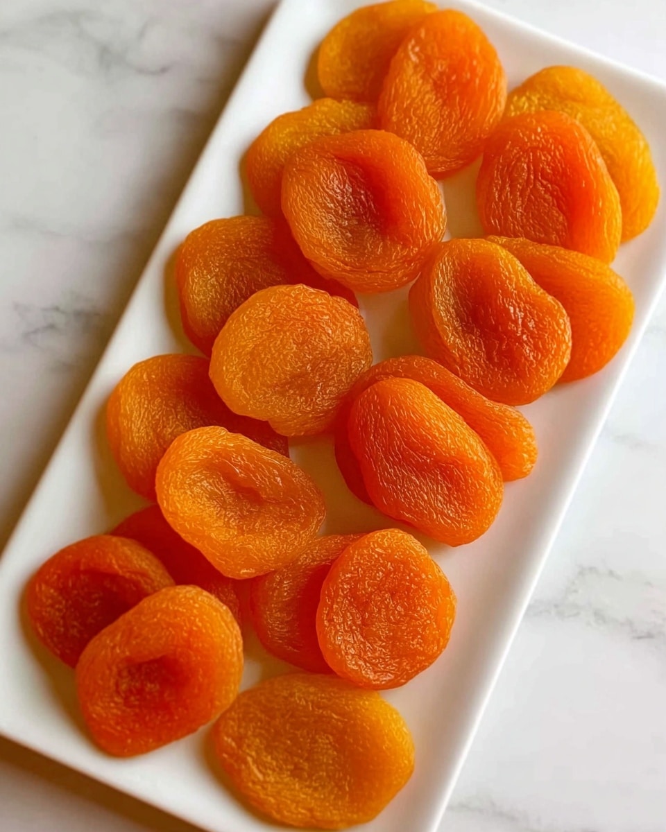 The image shows a white rectangular plate with about twenty dried apricots arranged in loose rows across the plate. Each apricot is a bright orange color with a slightly wrinkled, textured surface. They all lay flat against the plate, which sits on a white marbled surface. The apricots are roughly the same size and have a soft, matte look. photo taken with an iphone --ar 4:5 --v 7