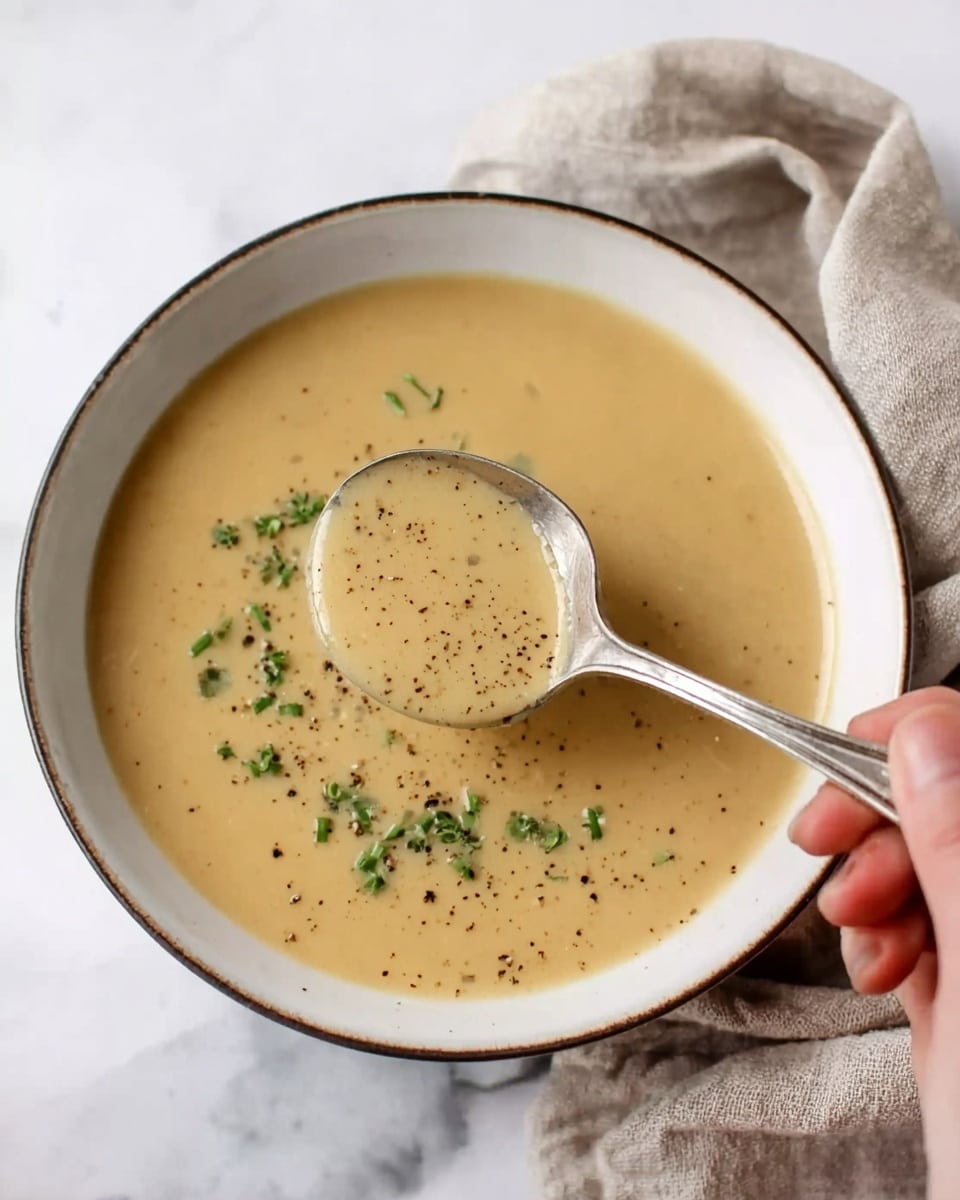 A white ceramic bowl filled with smooth, light tan soup is shown, topped with small green herb pieces and a light sprinkle of black pepper, giving a speckled effect on the surface. A silver ladle, held by a woman's hand, scoops some soup from the bowl, catching some of the soup's shiny surface and tiny herb bits. The bowl sits on a white marbled surface, accompanied by a beige cloth napkin casually draped nearby. photo taken with an iphone --ar 4:5 --v 7