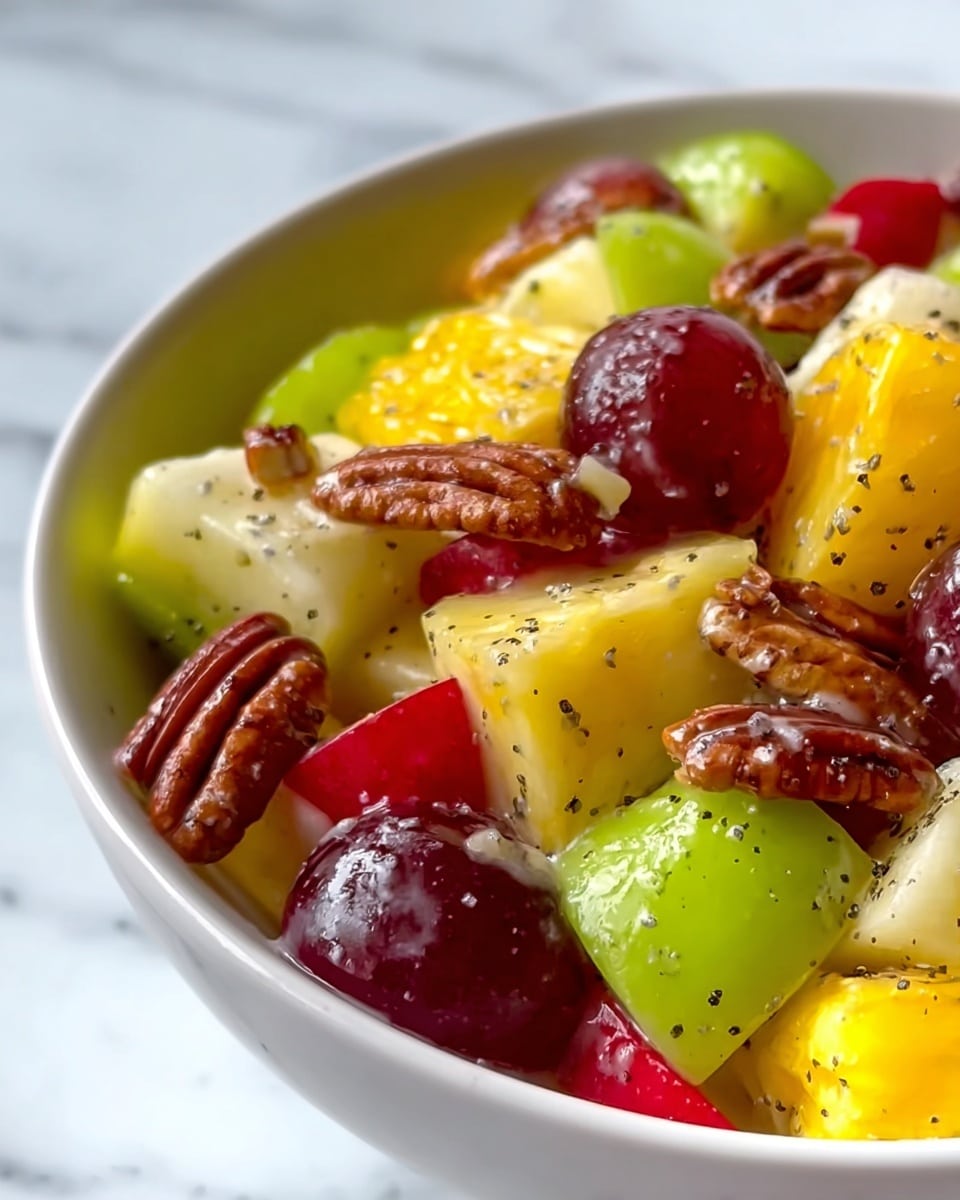 A close-up view of a white bowl filled with fruit salad on a white marbled surface. The salad has colorful layers including bright yellow pineapple pieces, glossy red and dark purple grapes, green apple chunks, and pecan nuts scattered on top. The fruit pieces are coated in a light dressing with small black specks. The focus is on the center of the bowl showing the mix of juicy and crunchy textures. photo taken with an iphone --ar 4:5 --v 7