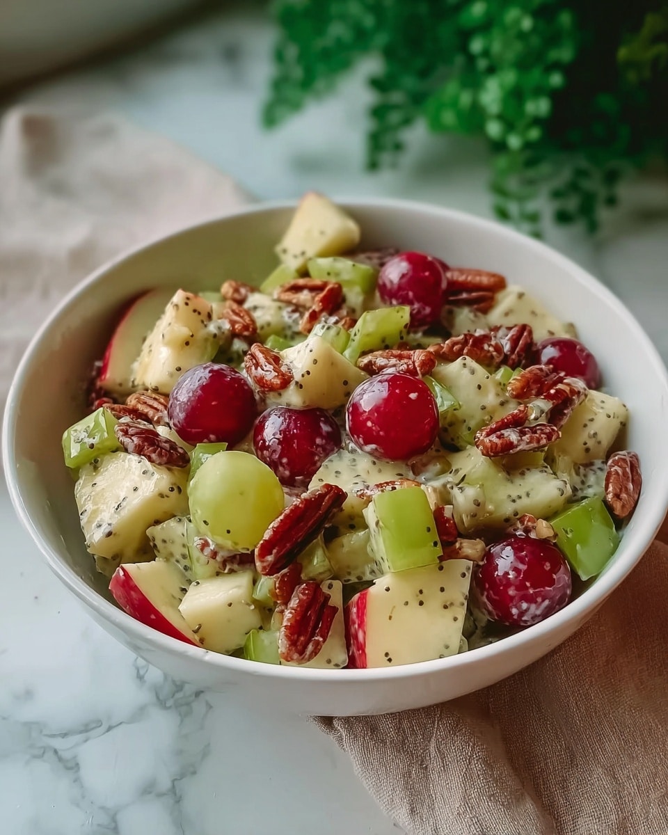 A white bowl filled with a mixed fruit and nut salad sits on a beige cloth over a white marbled surface. The salad has diced green celery pieces and pale yellow apple cubes with red skin bits scattered throughout. There are also whole red grapes and one green grape visible, all mixed with small, dark brown pecan halves. The fruit and nuts are coated in a creamy, light dressing with small black poppy seeds sprinkled throughout. In the blurred background, green plants add a natural touch. Photo taken with an iphone --ar 4:5 --v 7