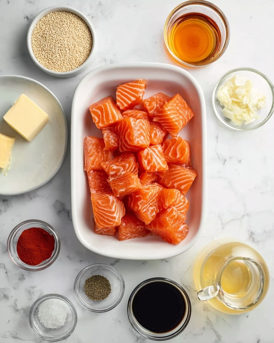 The image shows a white rectangular dish in the center filled with many pieces of raw salmon cubes that are bright orange with white lines. Around the dish are small glass bowls and a white plate holding different ingredients: a small bowl of sesame seeds at the top left, a glass with an amber liquid at the top right, a small dish with butter at middle left, a white plate with four separate piles of red, white, beige, and black spices at bottom left, a small bowl with minced garlic next to it, a small glass container with dark soy sauce near the bottom center, and a clear glass pitcher with a light yellow liquid on the bottom right. The background is a white marbled surface. Photo taken with an iphone --ar 4:5 --v 7