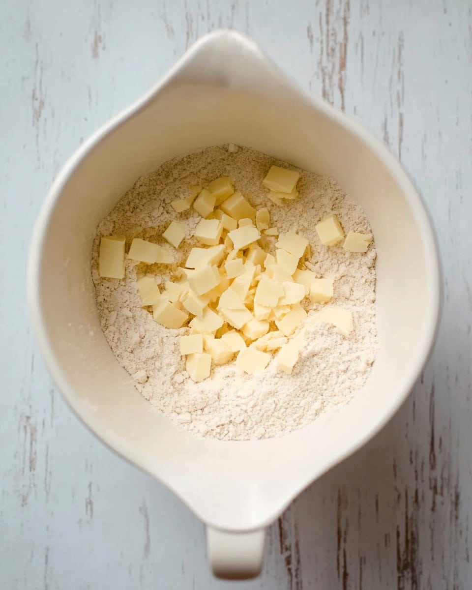 A white mixing bowl sits on a white marbled surface, filled with two main layers: the bottom layer is a fine, pale beige flour, and the top layer has small, cubed pieces of light yellow butter scattered unevenly across the flour. The butter cubes have a smooth, slightly soft texture, contrasting with the powdery flour. The bowl's handle is positioned at the top center of the image, and the photo is taken from above, clearly showing the ingredients inside. Photo taken with an iphone --ar 4:5 --v 7