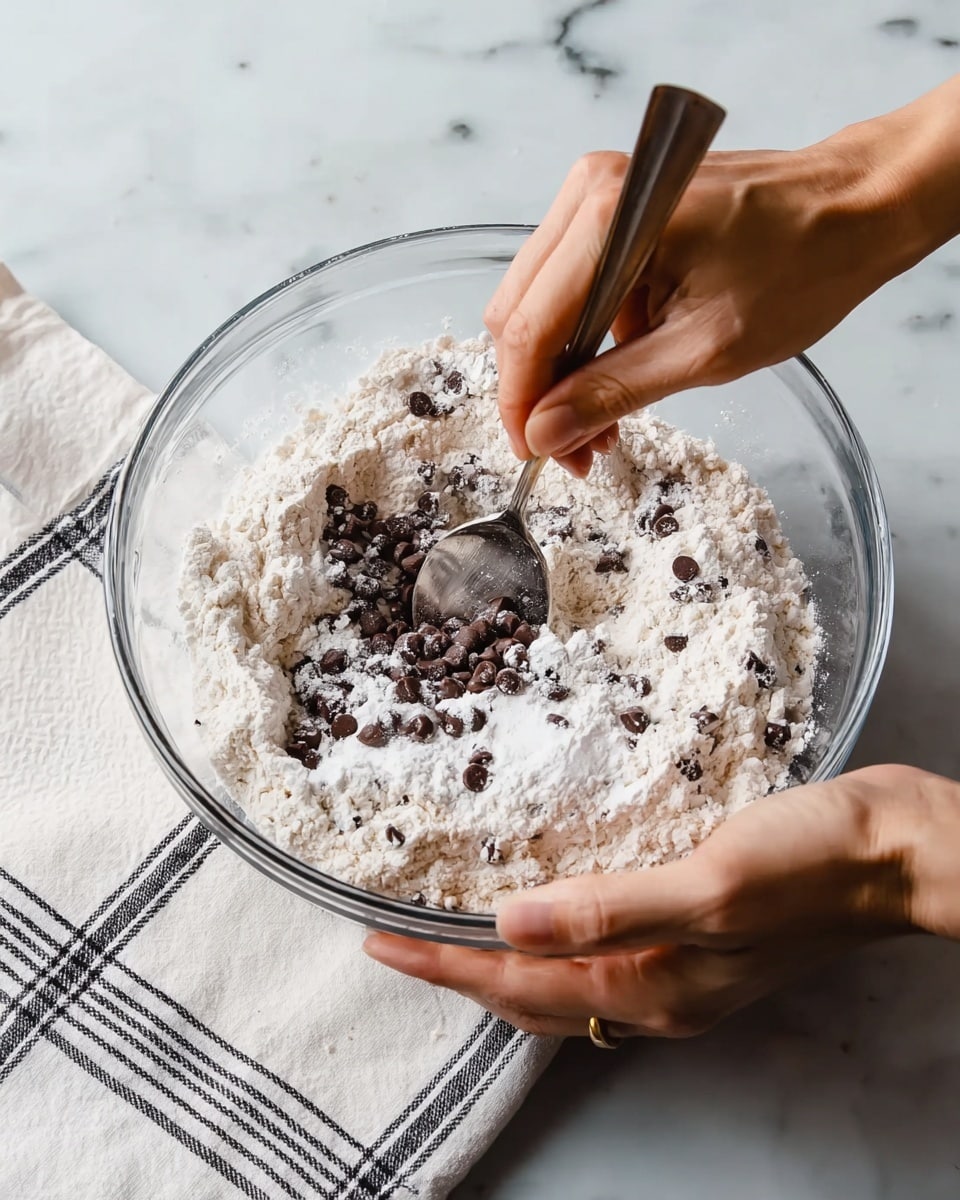 A clear glass bowl filled with a layer of white flour mixed with dark brown chocolate chips is being stirred by a woman's hand holding a spoon, while another woman's hand holds the bowl steady. The bowl sits on a white marbled surface with a white cloth with black stripes nearby. The image captures the mixing action and textures of the dry ingredients. photo taken with an iphone --ar 4:5 --v 7
