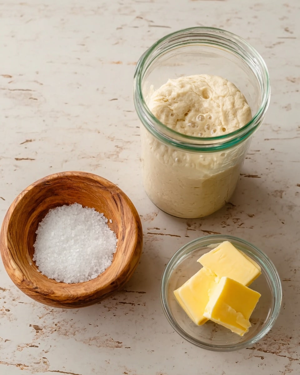 A clear glass jar filled halfway with a bubbly, light beige dough sits on a white marbled texture. Next to it on the left is a small white wooden bowl holding white salt crystals, and to the right is a small clear glass bowl containing two pieces of bright yellow butter. The overall scene shows these three items arranged close together on the surface. Photo taken with an iphone --ar 4:5 --v 7