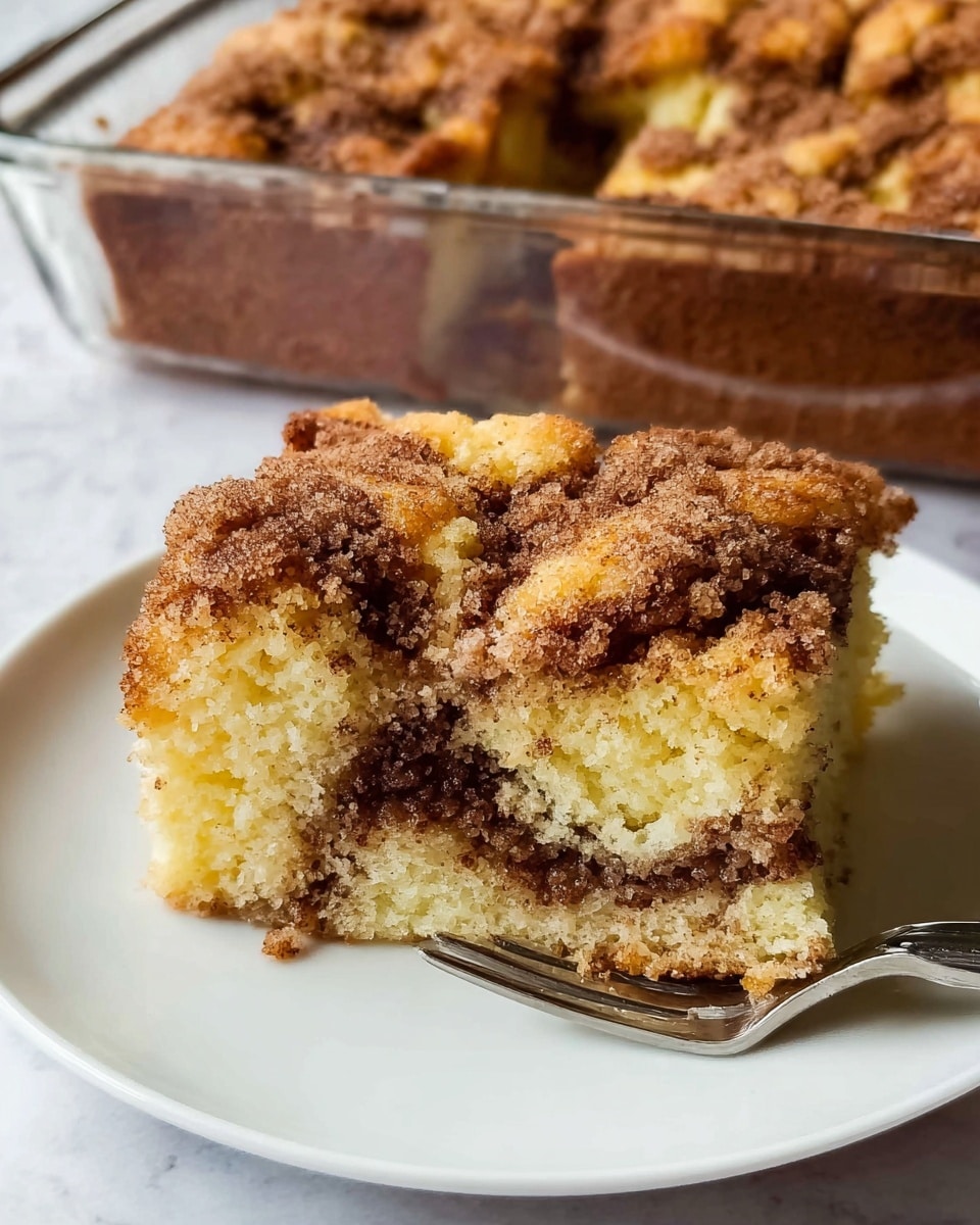 A close-up of a thick slice of cinnamon coffee cake on a white plate, showing a crumbly top layer with a mix of golden brown and dark cinnamon swirls. The middle layer is light yellow, soft and fluffy with a visible dark cinnamon swirl spreading through the center. In the background, a glass baking dish holds the remaining coffee cake with a textured golden brown top and a soft yellow base. A silver fork rests on the plate next to the cake slice, all placed on a white marbled surface. photo taken with an iphone --ar 4:5 --v 7