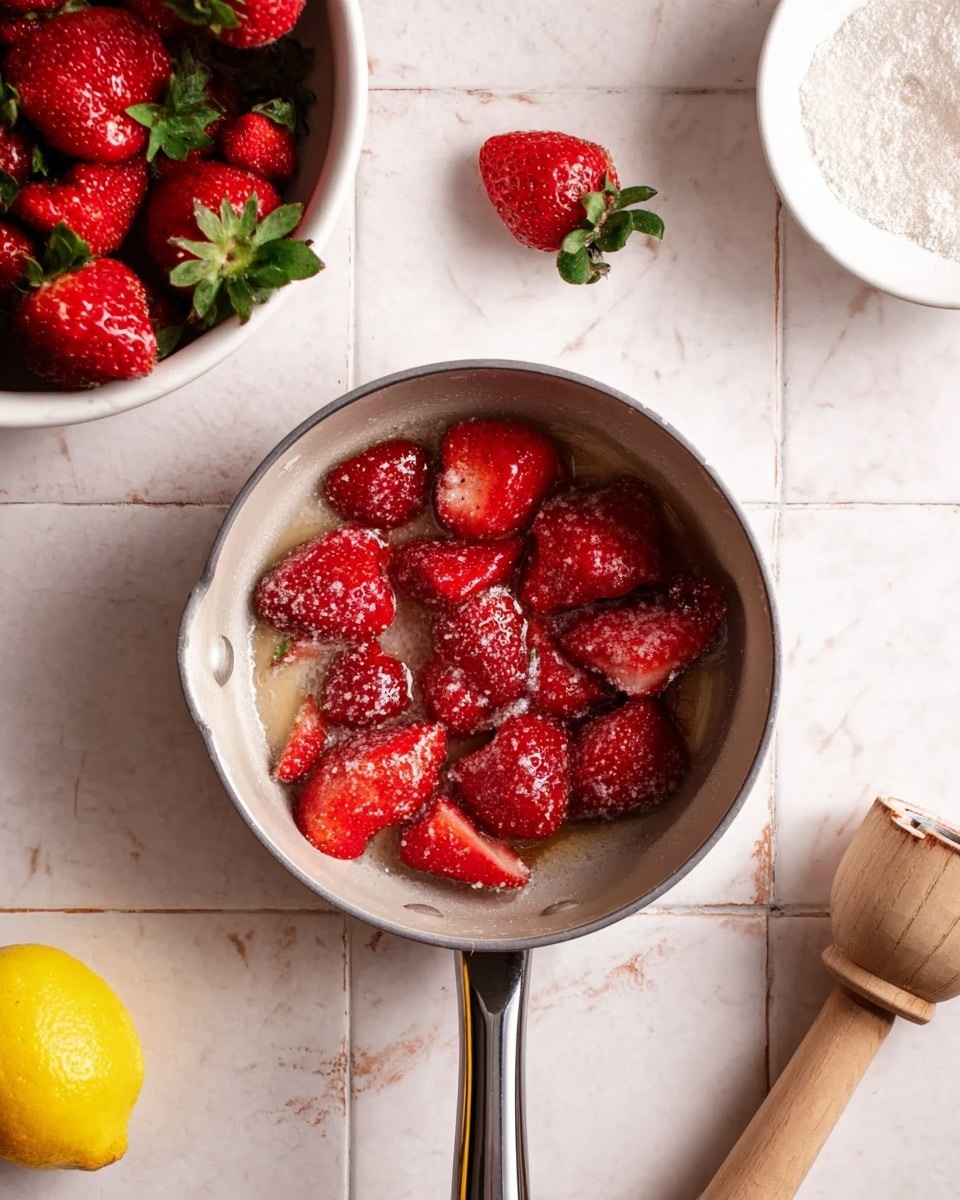 The image shows a small white saucepan with a shiny silver inside, filled with several bright red strawberry pieces coated in sugar. The strawberries sit loosely spread in one layer inside the pan. To the left of the pan, there is a white bowl filled with whole strawberries with green leaves still on them. A single strawberry with green leaves is placed just above the pan on the white marbled surface. Near the bottom left corner, there is a yellow lemon half and a light wooden citrus reamer lying flat. In the top right corner, a small white bowl contains granulated sugar. The overall setting is on a white marbled tiled surface, creating a clean and fresh look. photo taken with an iphone --ar 4:5 --v 7