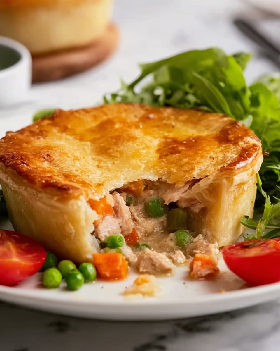 A close-up of a round pie sits on a white plate, with a golden-brown crust that is smooth and slightly shiny on top. The pie has a thick crust edge, and a piece is missing from the front, showing a filling of chunky light beige meat mixed with small bright orange carrot pieces and green peas. Surrounding the pie on the plate are fresh green lettuce leaves and small red tomato slices. The plate is placed on a white marbled surface, and the background is softly blurred. photo taken with an iphone --ar 4:5 --v 7