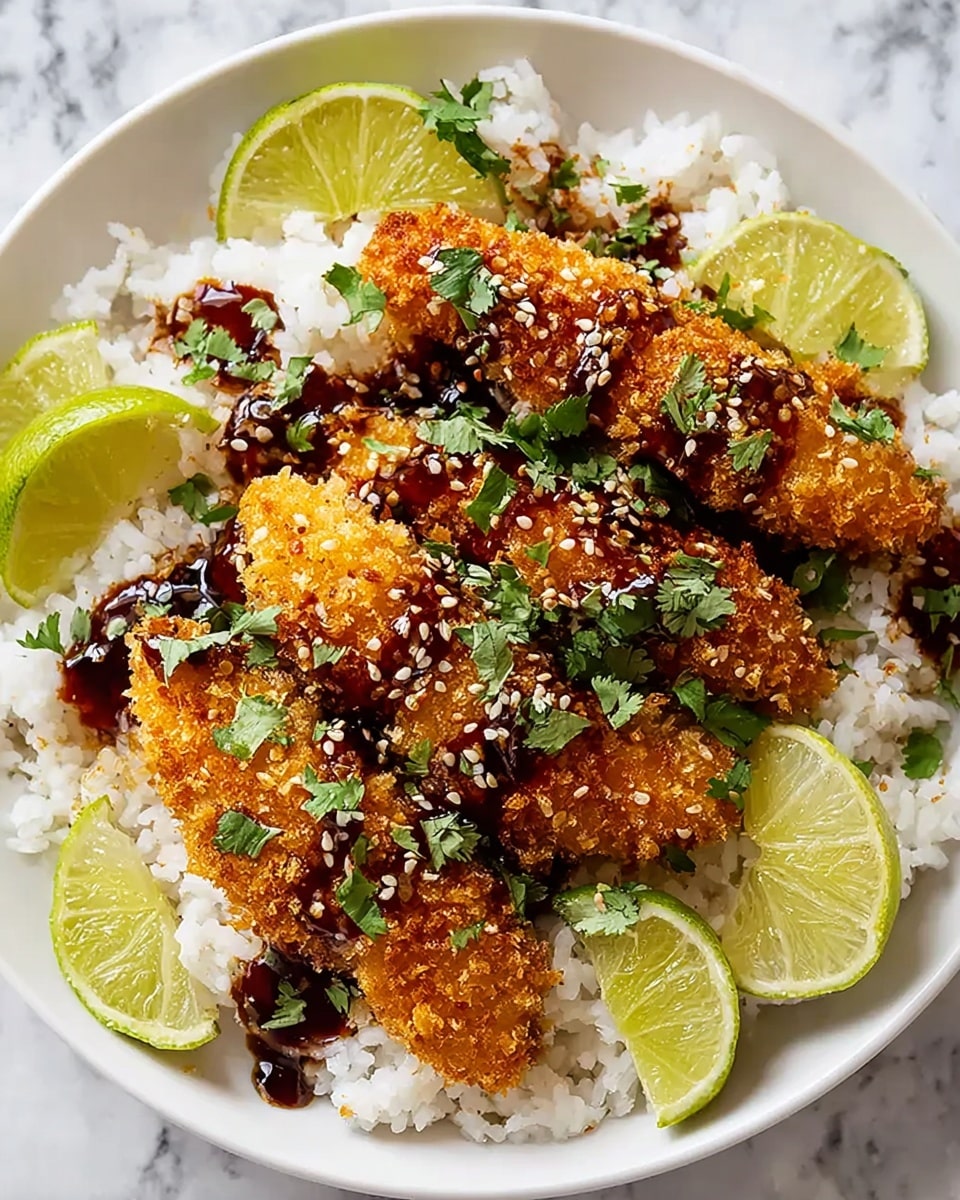 A white plate sits on a white marbled surface, filled with a base layer of fluffy, white rice. On top are three golden brown crispy breaded pieces with a crunchy texture, drizzled with a dark, shiny sauce and sprinkled with small white sesame seeds and chopped green cilantro leaves. Bright green lime wedges, cut in halves, are arranged around the edges of the plate, adding a fresh pop of color. photo taken with an iphone --ar 4:5 --v 7