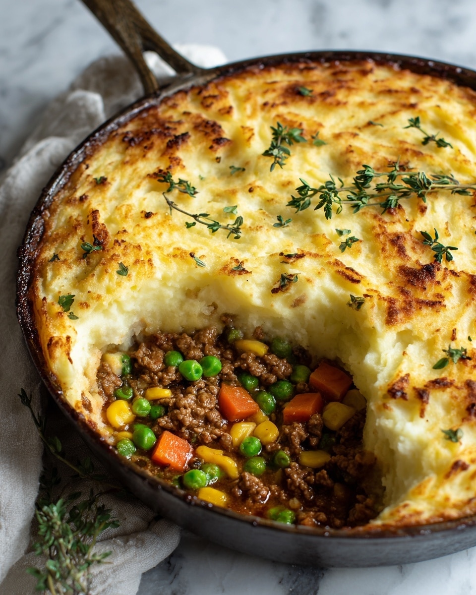 A round dish shows a layered meal with three visible layers inside a dark round pan on a white marbled surface. The bottom layer consists of cooked mixed vegetables including bright green peas, yellow corn, and orange carrots. Above the vegetables is a layer of cooked ground meat, which is brown and crumbly. The top layer is a thick covering of mashed potatoes, golden and slightly browned on the surface with a few crispy spots, decorated with small fresh green herb sprigs scattered on top. A portion is removed, revealing the layers clearly. Photo taken with an iphone --ar 4:5 --v 7