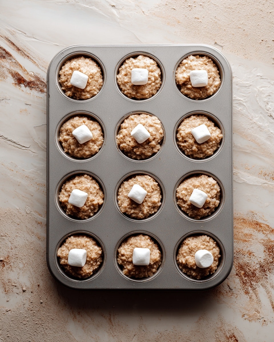 A gray metal muffin tray with twelve slots holds unbaked muffin dough filled almost to the top in each slot. The dough is pale brown with a rough texture and has three small white marshmallows pressed into the center of each muffin, creating a cluster. The tray sits on a white marbled surface with a rustic, worn look showing some darker brown and beige grain patterns. The overall scene looks ready for baking, with soft natural light highlighting the textures and colors of the dough and marshmallows. photo taken with an iphone --ar 4:5 --v 7