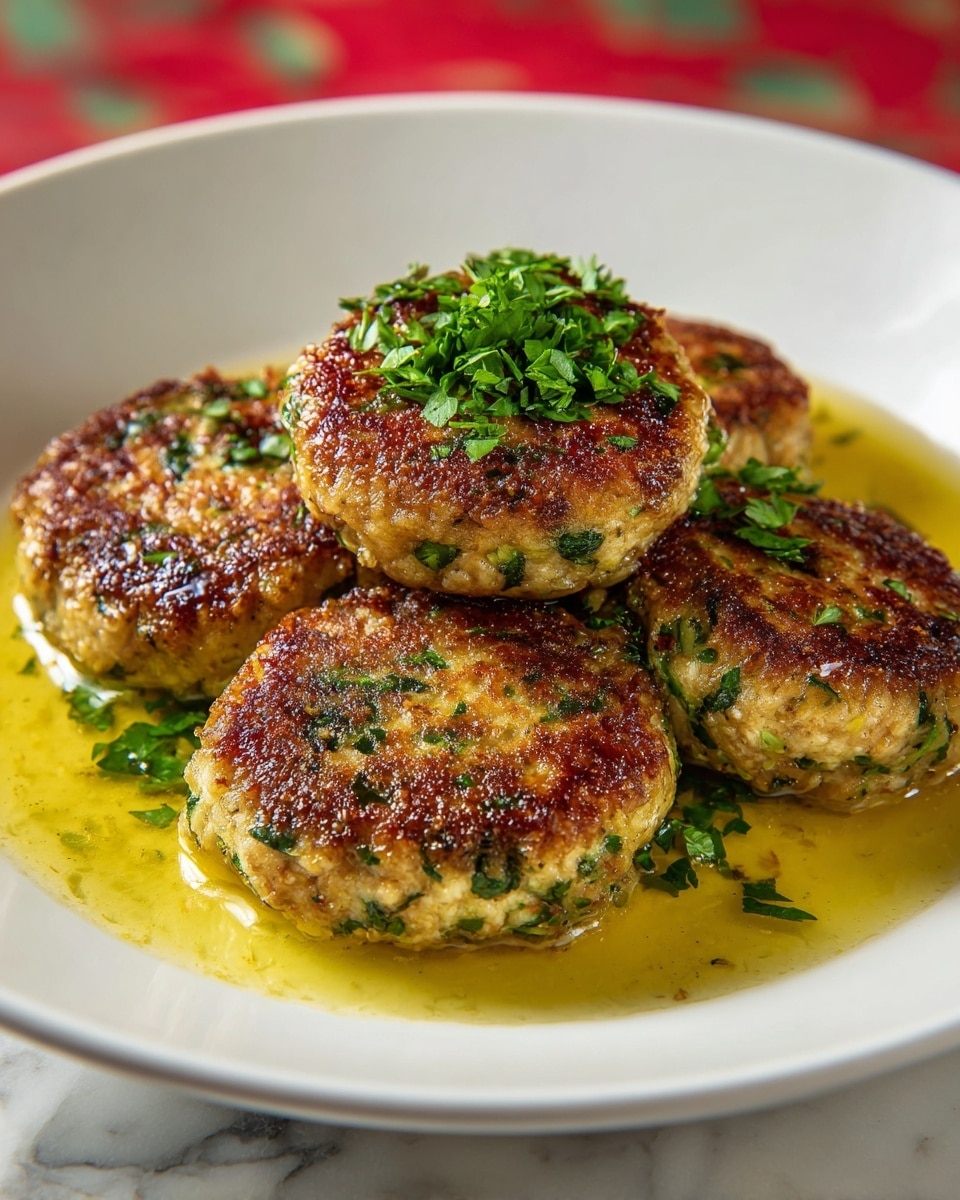 The image shows four round patties with a shiny, golden-brown crispy top layer, speckled with fresh, finely chopped green herbs. The sides reveal a light beige, soft texture mixed with small bits of darker herbs throughout. The patties sit on a thin, glossy layer of amber-colored sauce that pools on a white rectangular plate. In the background, a small bunch of fresh green herbs adds a natural touch, and the entire scene is set against a white marbled surface. photo taken with an iphone --ar 4:5 --v 7