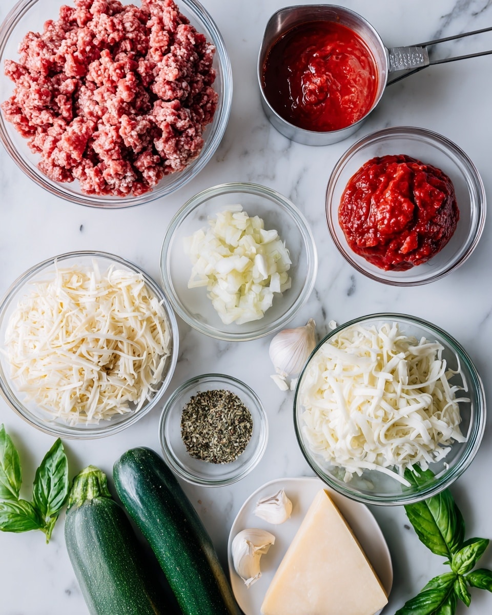 This image shows several clear glass bowls and a white plate arranged on a white marbled surface. There is a large glass bowl filled with raw ground meat on the top left. Next to it is a metal measuring cup filled with red tomato sauce. Below the meat is a small clear bowl with chopped garlic and another with a small amount of bright red tomato paste. Towards the center is a white bowl filled with shredded white cheese. At the bottom center is a large clear bowl filled with chopped white onions. To the right is a white plate holding several dark green zucchinis. Near the onions is a wedge of pale yellow cheese. A small clear bowl near the cheese contains dried herbs and spices, with colors of green and black. Fresh green basil leaves are placed near the bottom left corner. Photo taken with an iphone --ar 4:5 --v 7