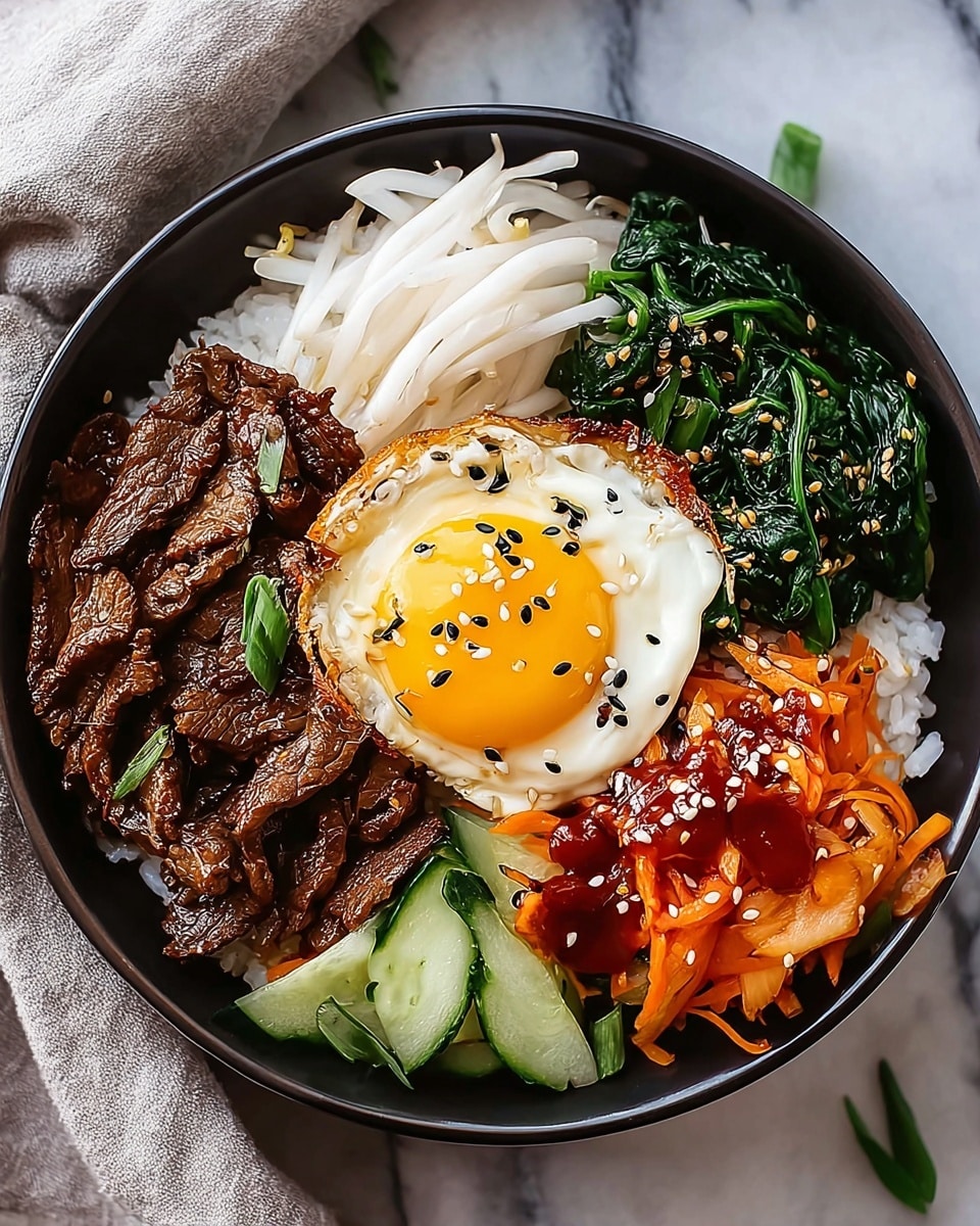 A black bowl filled with four main layers arranged neatly on top of a white rice base. The top left part has white soft noodles, beside it is dark brown cooked beef strips with a textured, slightly glossy look. Directly above the bowl's center, a bright yellow sunny-side-up egg with black and white sesame seeds on top. To the right of the egg is a pile of dark green cooked spinach with a slight shine and some sesame seeds. The far right side shows thin orange carrot strips topped with a thick reddish-brown sauce and sprinkled with sesame seeds. Some small green cucumber slices are visible near the bottom edge under the beef layer. The bowl sits on a white marbled surface with a soft cloth underneath, photo taken with an iphone --ar 4:5 --v 7