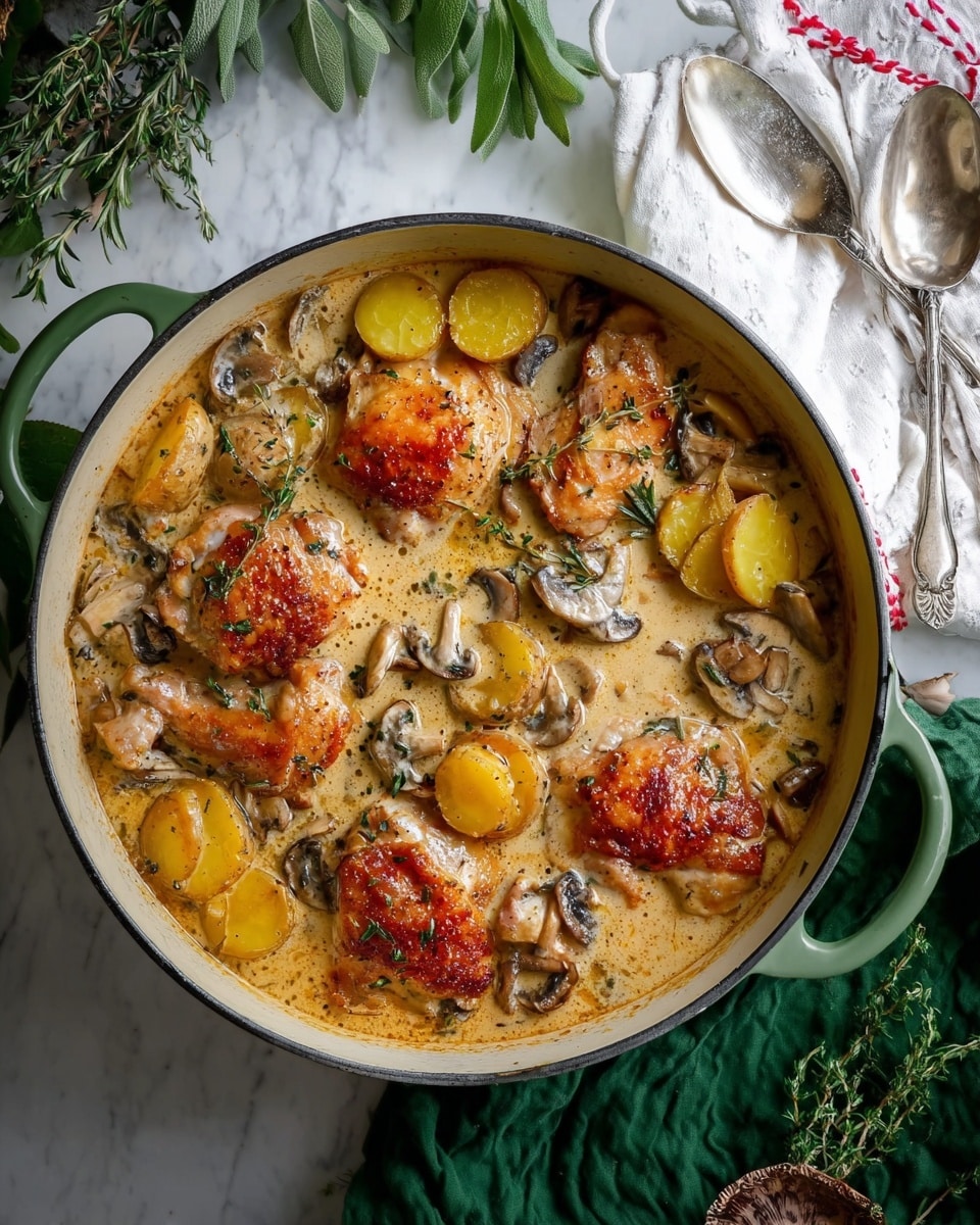 A large white pot filled with a creamy light brown sauce containing several pieces of browned cooked chicken layered with golden-brown skin, scattered with light yellow round potato slices, and dark sliced mushrooms throughout. The sauce looks thick with some herbs visible. The pot is placed on a white marbled surface with a green cloth nearby and a silver large spoon on the right side. Next to the pot lies a white cloth napkin with red stitching, silver fork and knife, and green leaves around. The light is soft and natural. Photo taken with an iphone --ar 4:5 --v 7