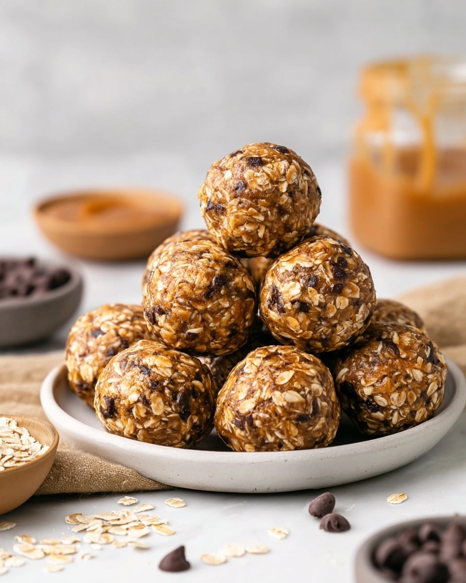 A pile of round energy balls sits on a simple white plate, each ball showing a rough texture made of oats and small dark chocolate pieces, with a light brown, sticky coating holding them together. The balls are stacked in a pyramid shape, showcasing their uneven surfaces and mix of oats and chocolate. Around the plate, there are small bowls with chocolate chips and oats, and a glass jar with a caramel-colored spread is blurred in the background, all set on a white marbled surface. photo taken with an iphone --ar 4:5 --v 7